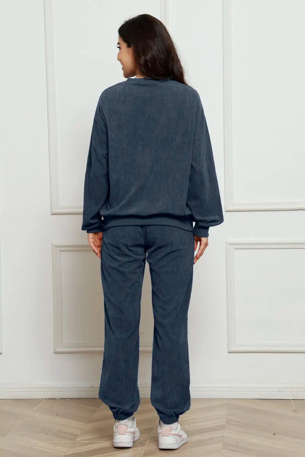 Corduroy Round Neck Sweatshirt and Sweatpants Set - cas7m