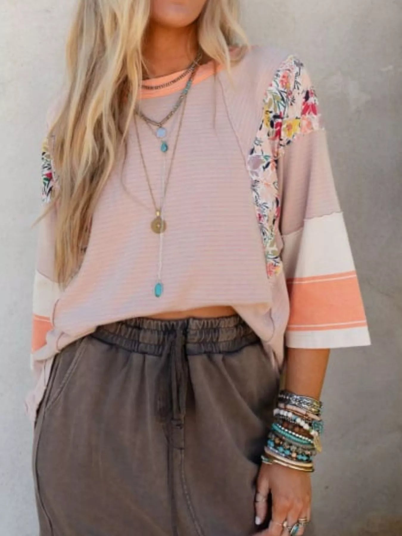 Striped Floral Long Sleeve T-Shirt - cas7m