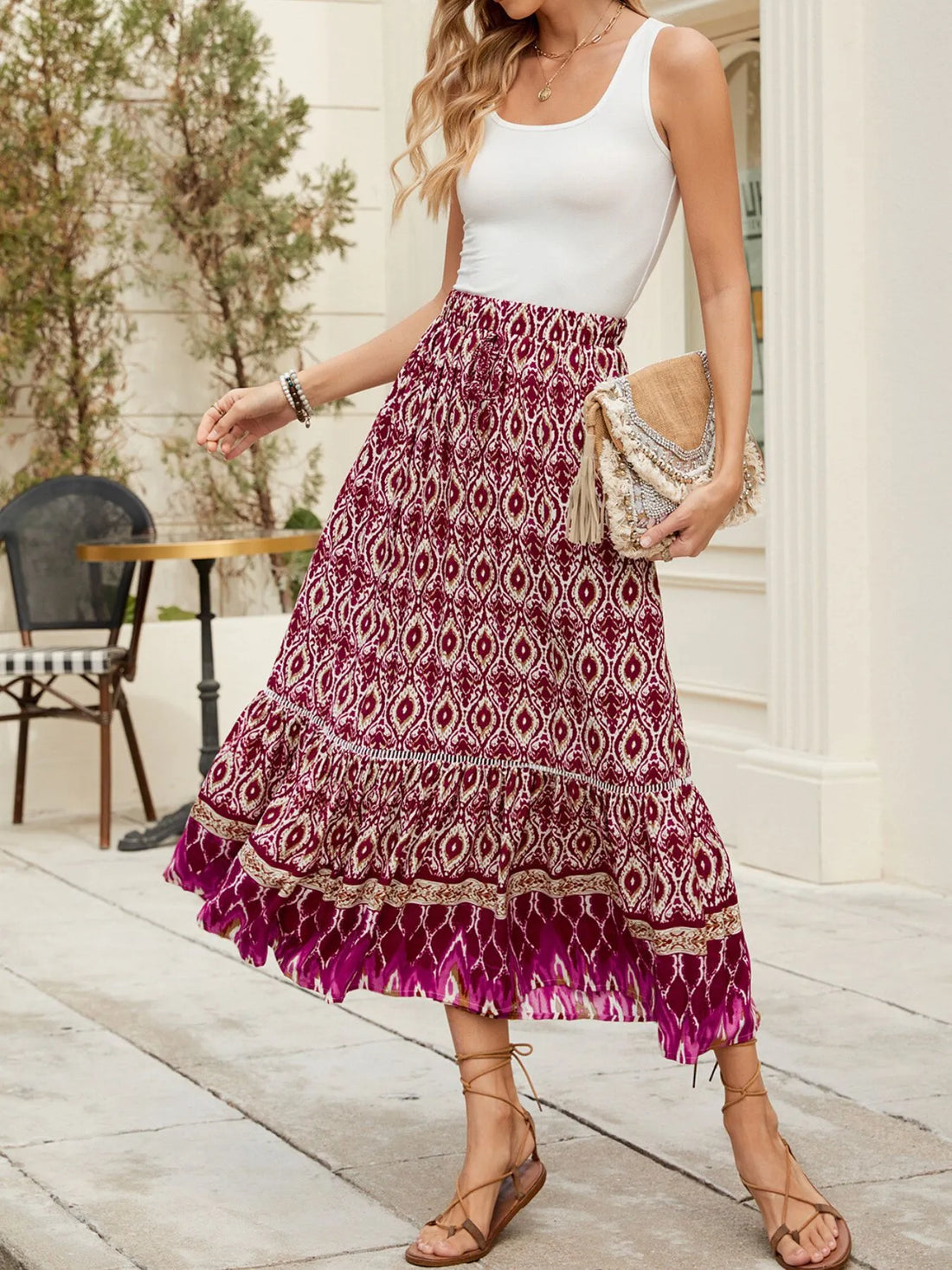 Bohemian Printed Ruched Maxi Skirt - cas7m