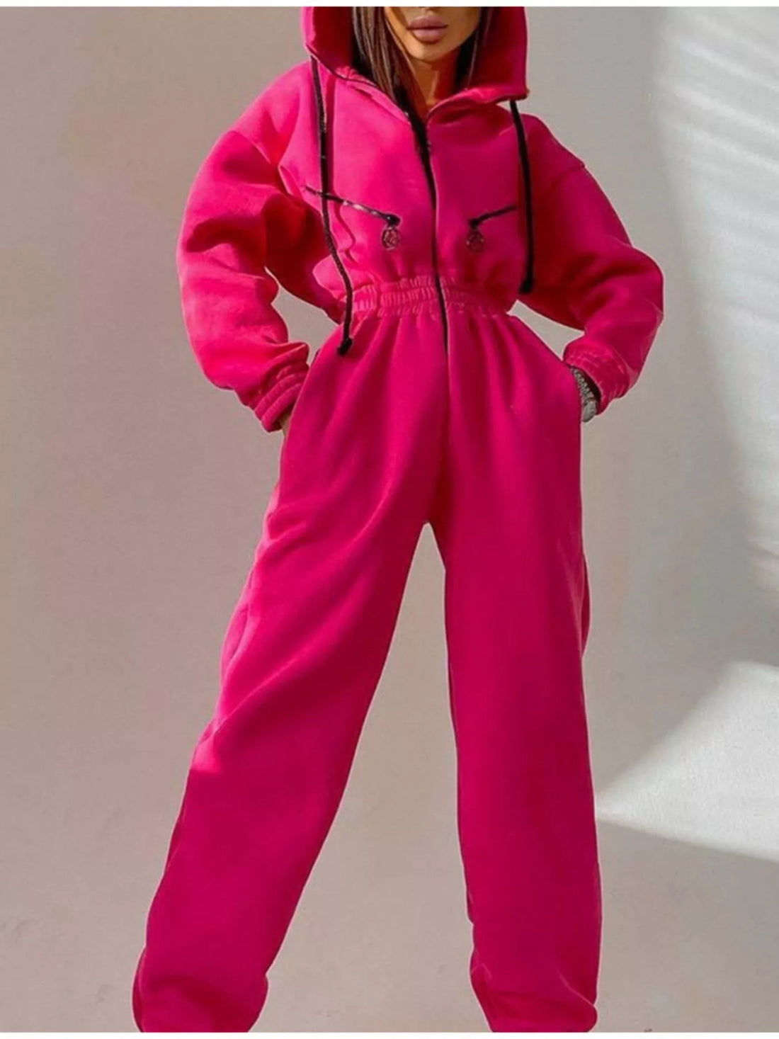 Hooded Zip-Up Long Sleeve Jumpsuit - cas7m