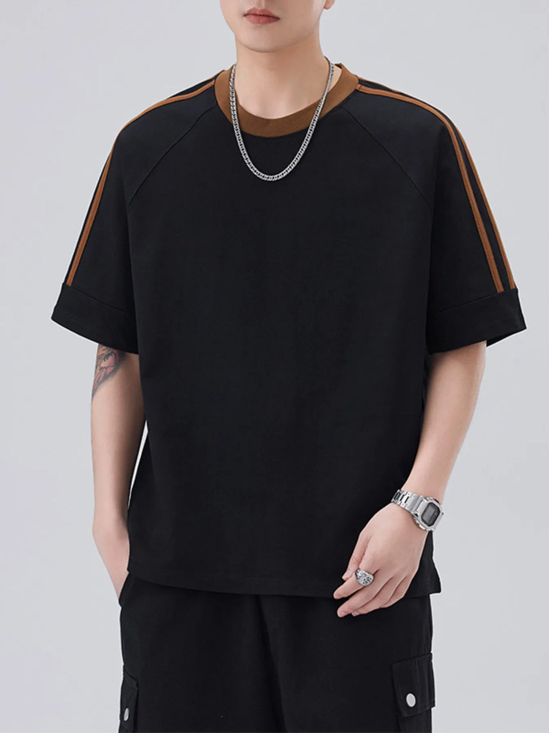 Men's Plus Size Striped Trim Casual T-Shirt - cas7m