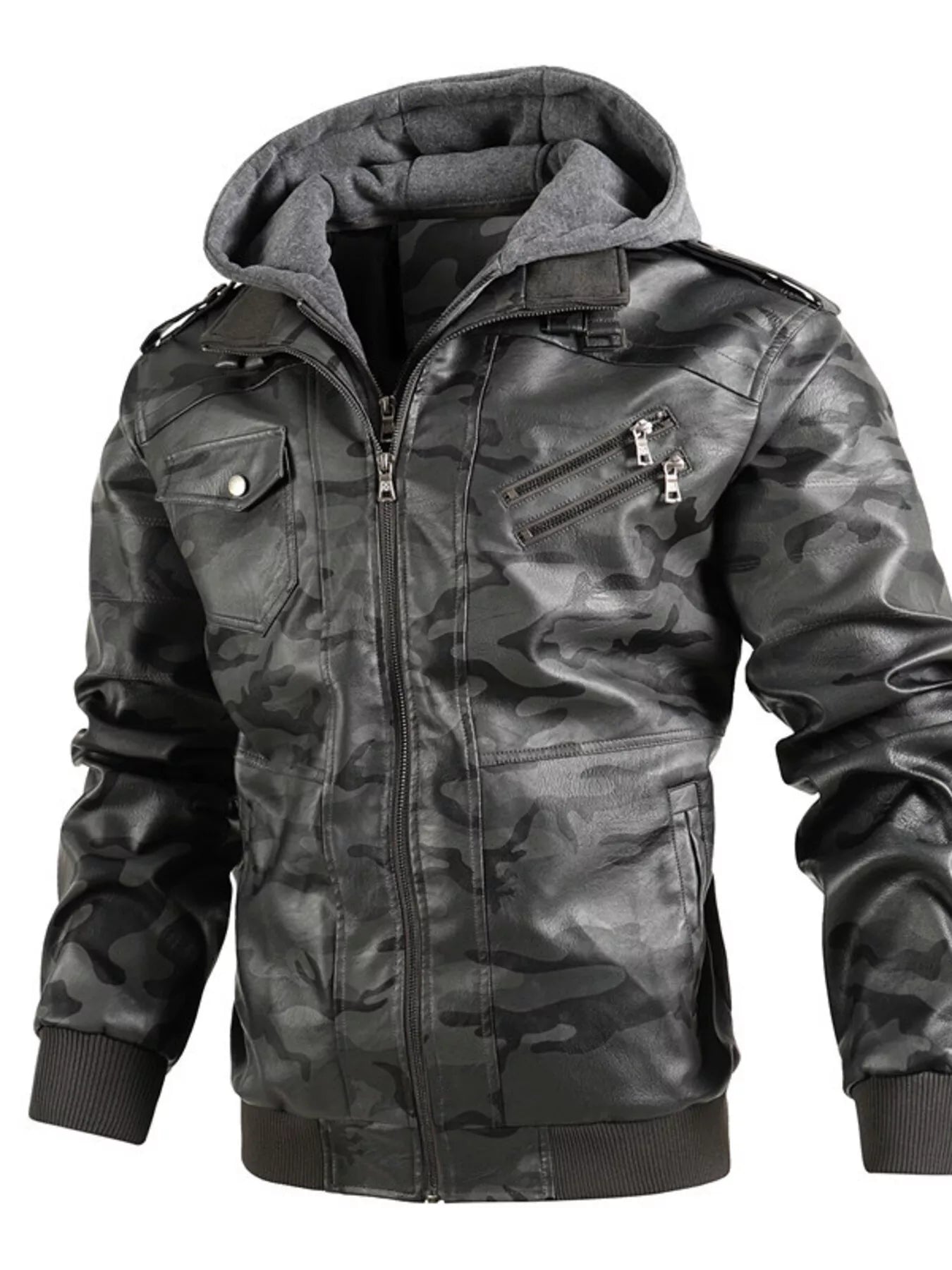 Men's Full Size Hooded Faux Leather Moto Jacket Plus Size - cas7m