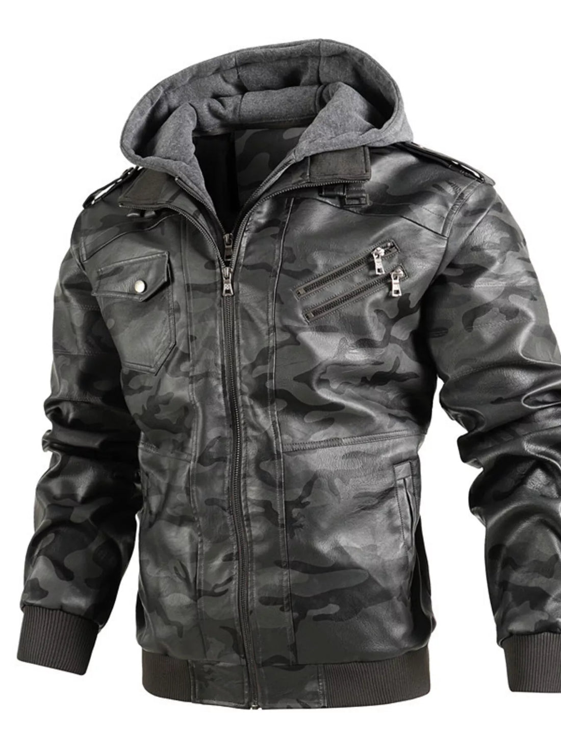 Men's Full Size Hooded Faux Leather Moto Jacket Plus Size - cas7m