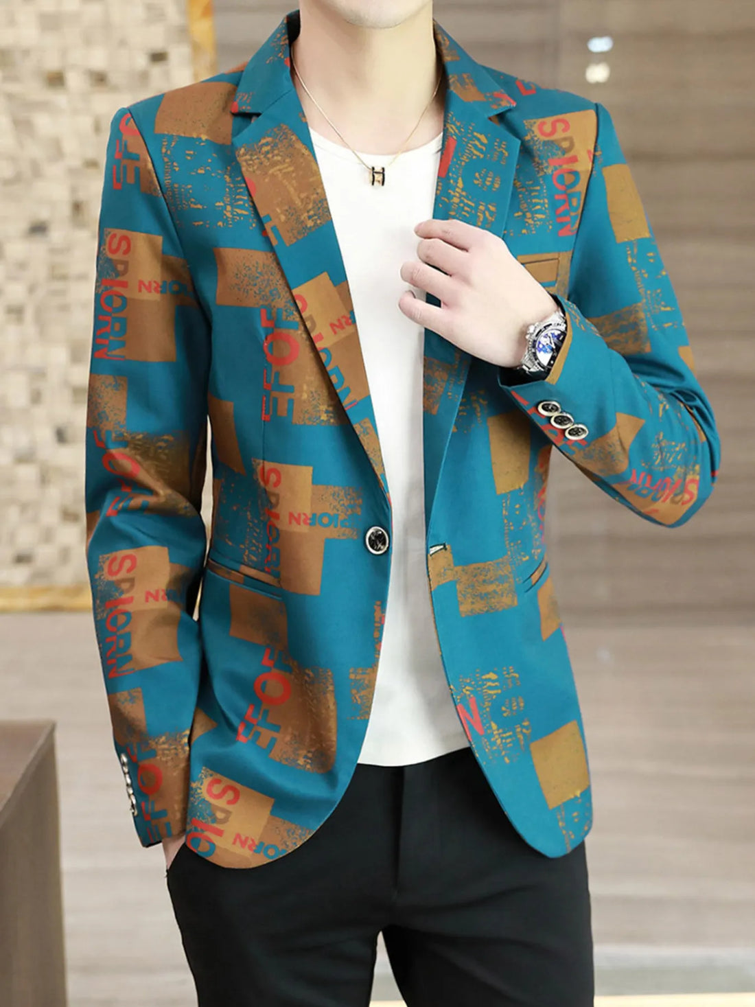 Men's Plus Size Printed One Button Slim Fit Blazer - cas7m