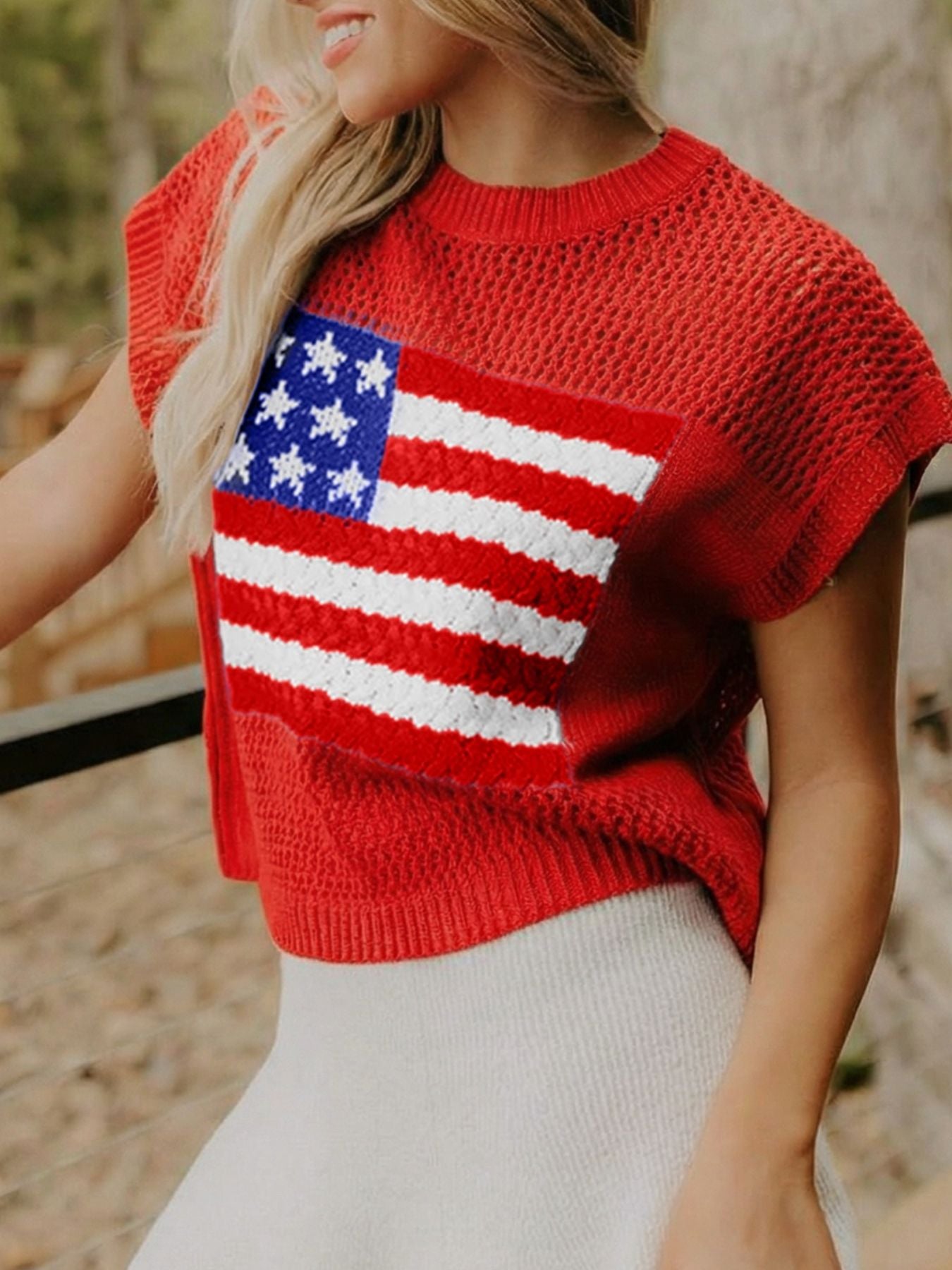 American Flag Knitted Short Sleeve Sweater - cas7m