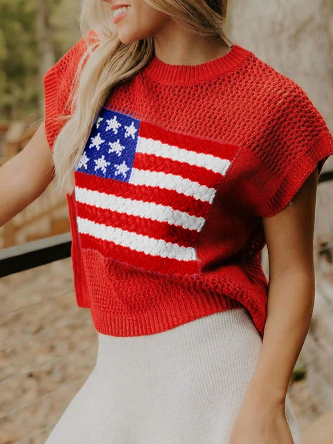 American Flag Knitted Short Sleeve Sweater - cas7m
