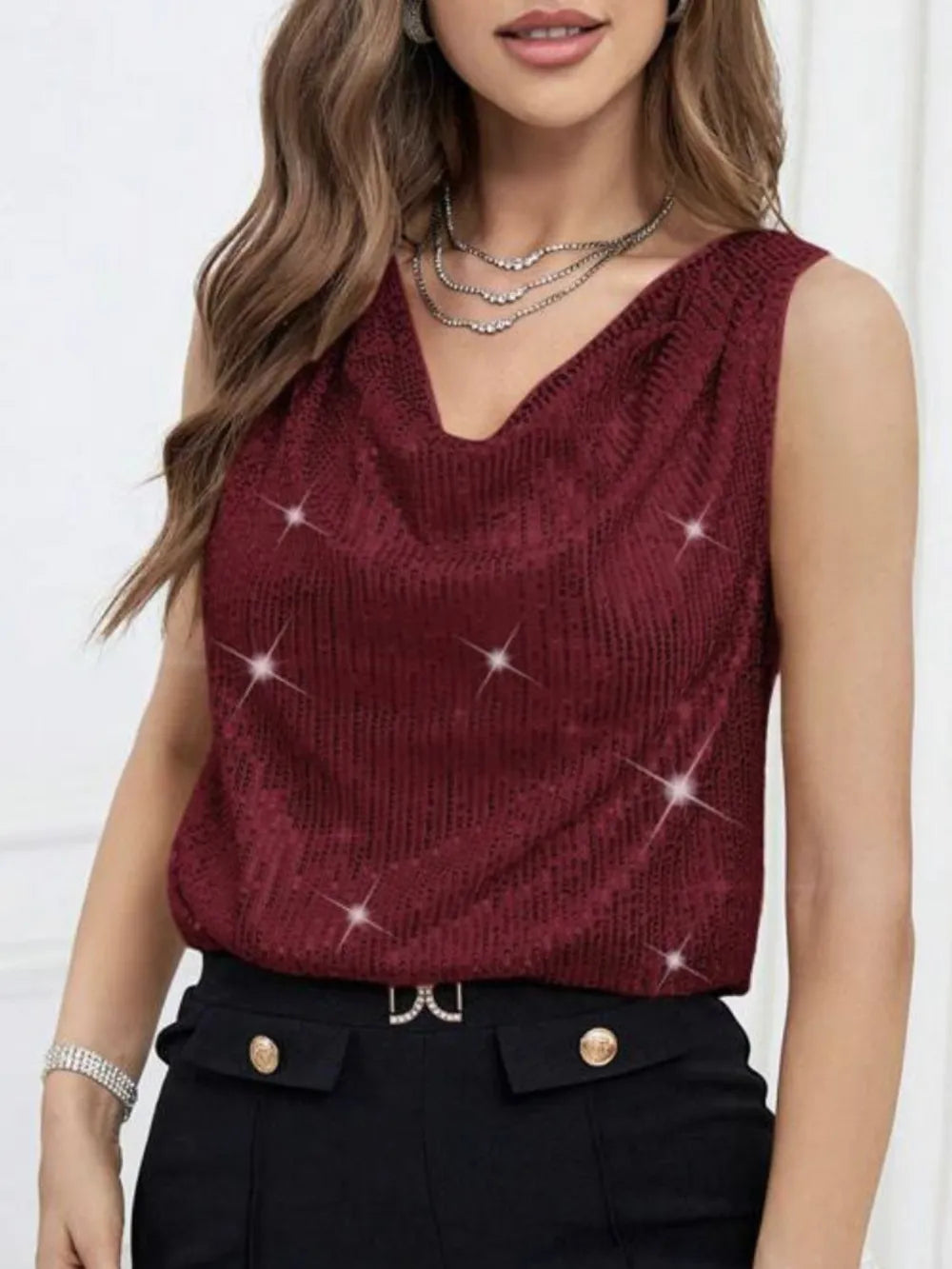 Sequin Cowl Neck Tank - cas7m
