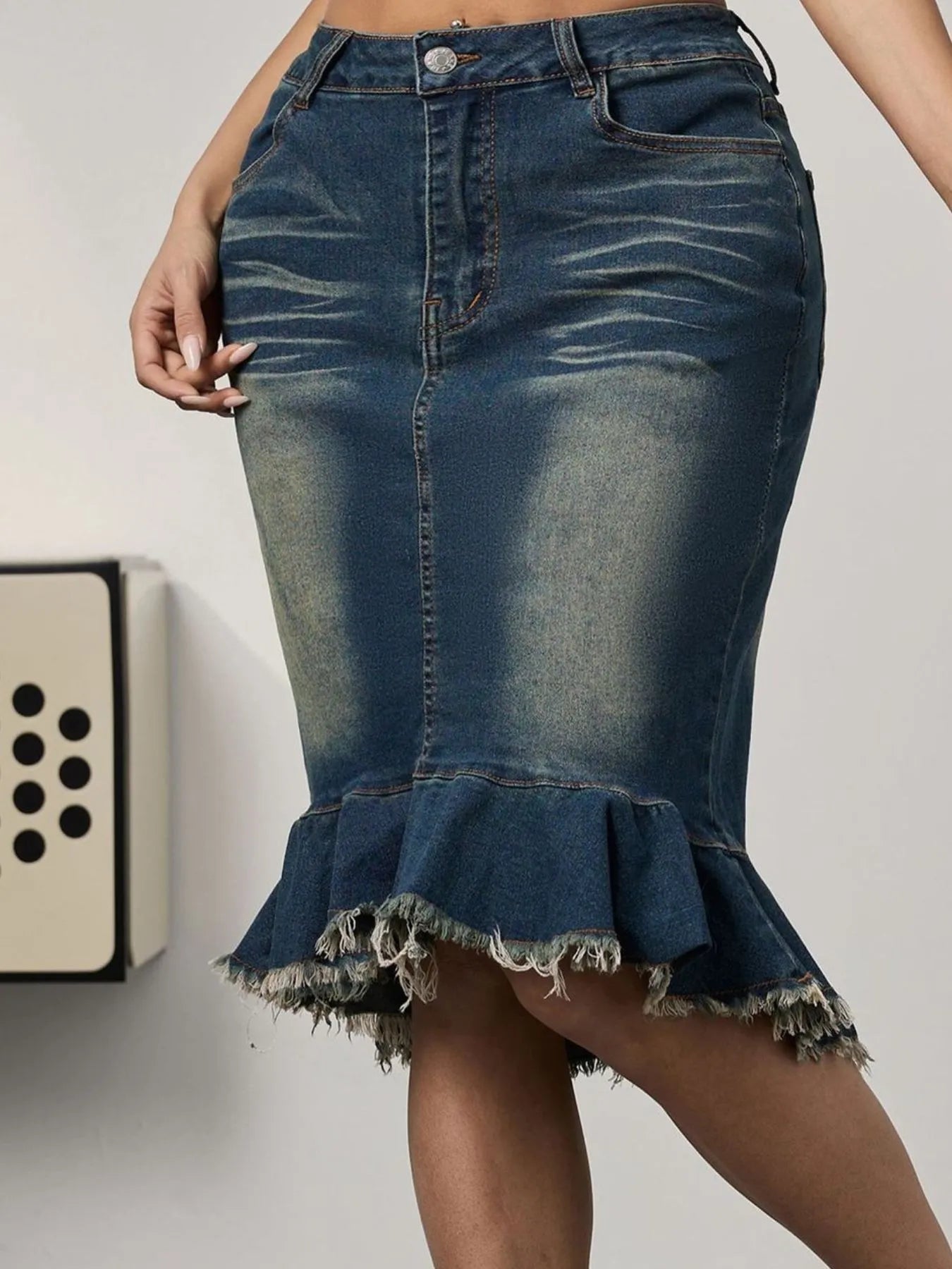 Raw Hem Mermaid Denim Skirt - cas7m
