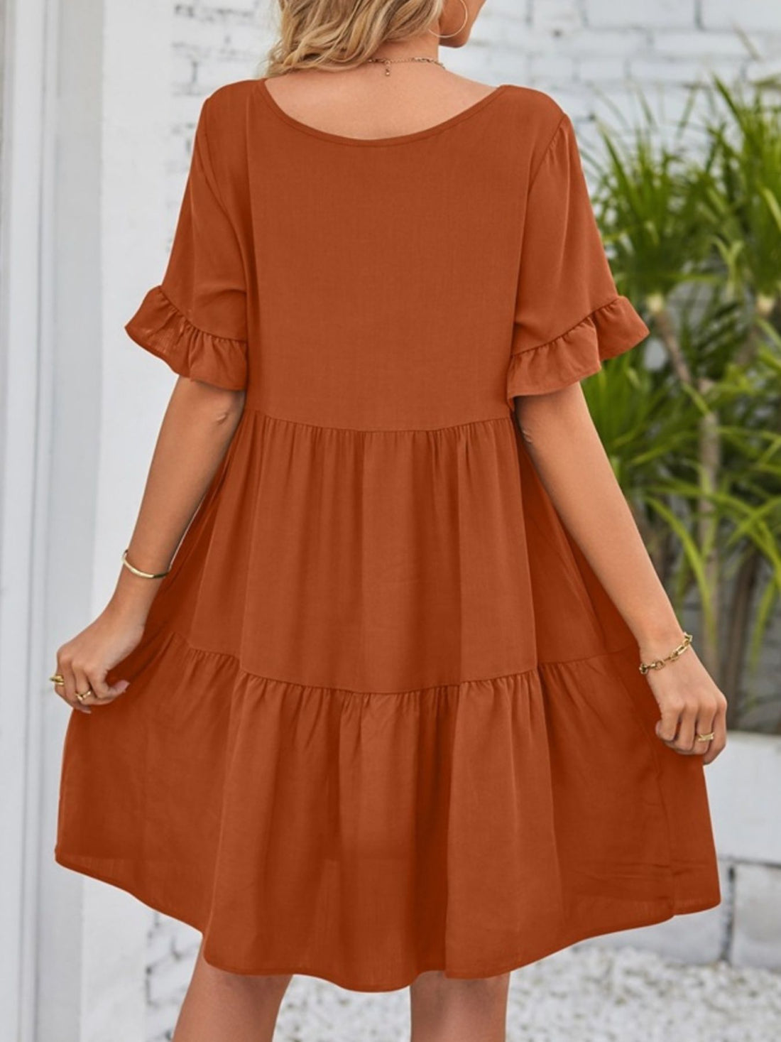 Ruffled Sleeve Tiered Mini Dress - cas7m
