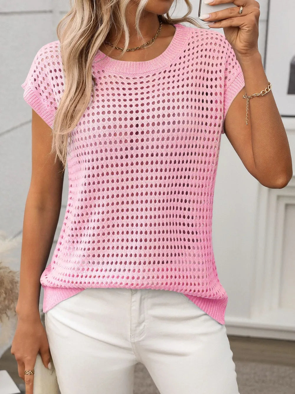 Openwork Round Neck Short Sleeve Knit Cover Up - cas7m