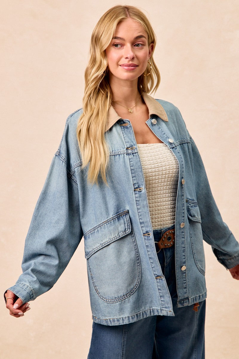 BiBi Washed Denim Jacket with Contrast Collar Detail - cas7m