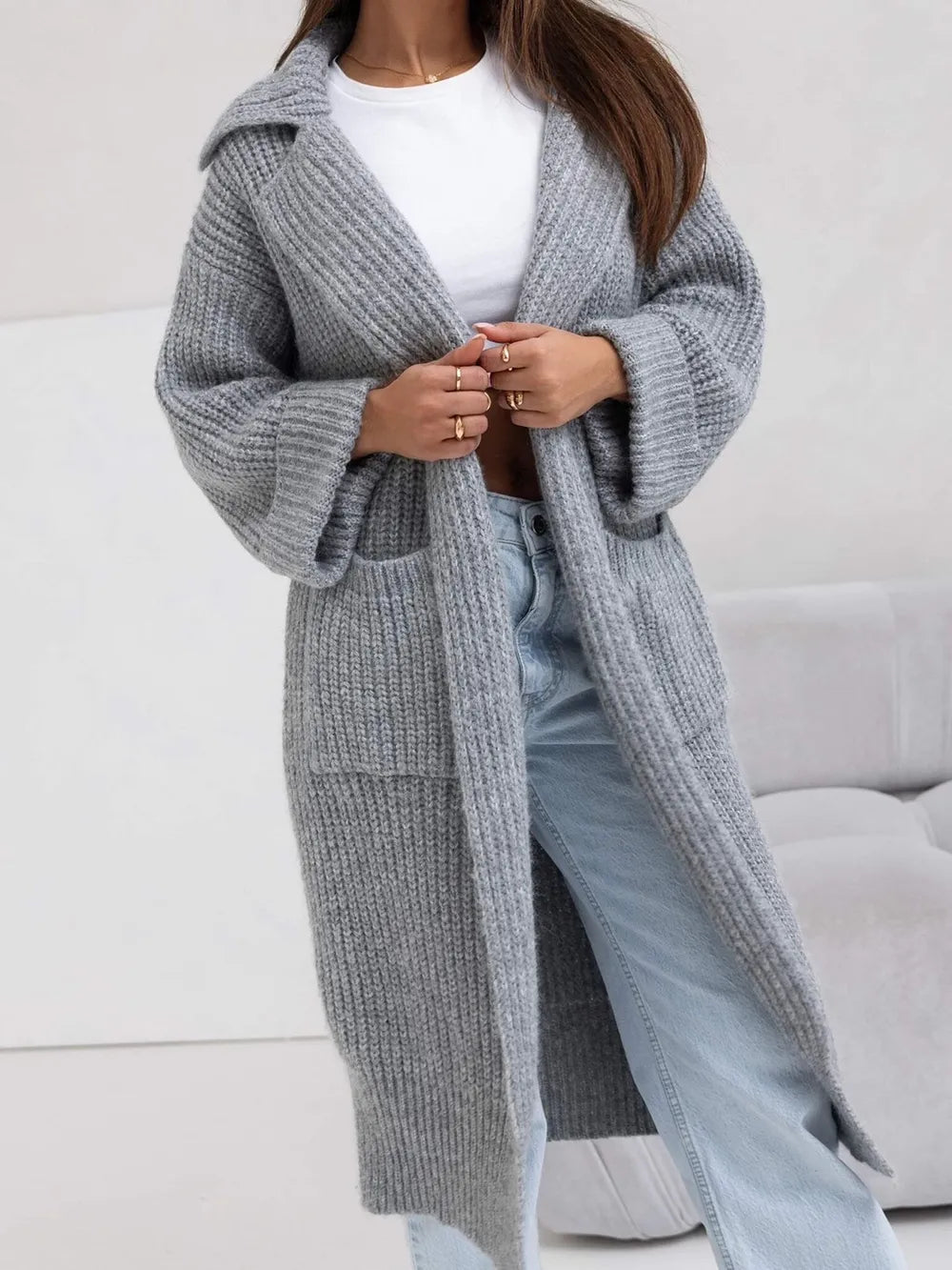 Pocketed Collared Neck Dropped Shoulder Cardigan - cas7m