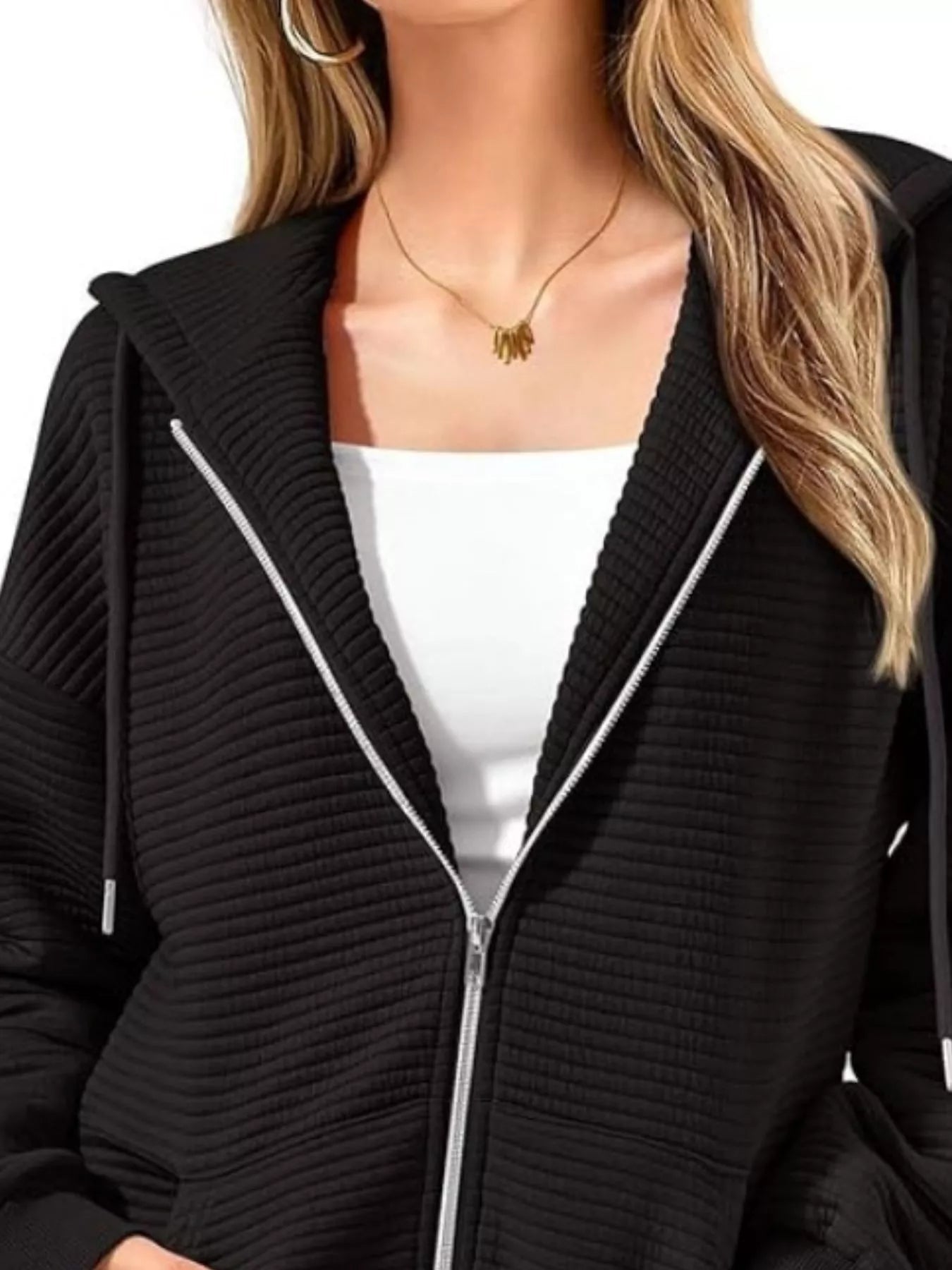 Drawstring Zip Up Dropped Shoulder Hoodie - cas7m