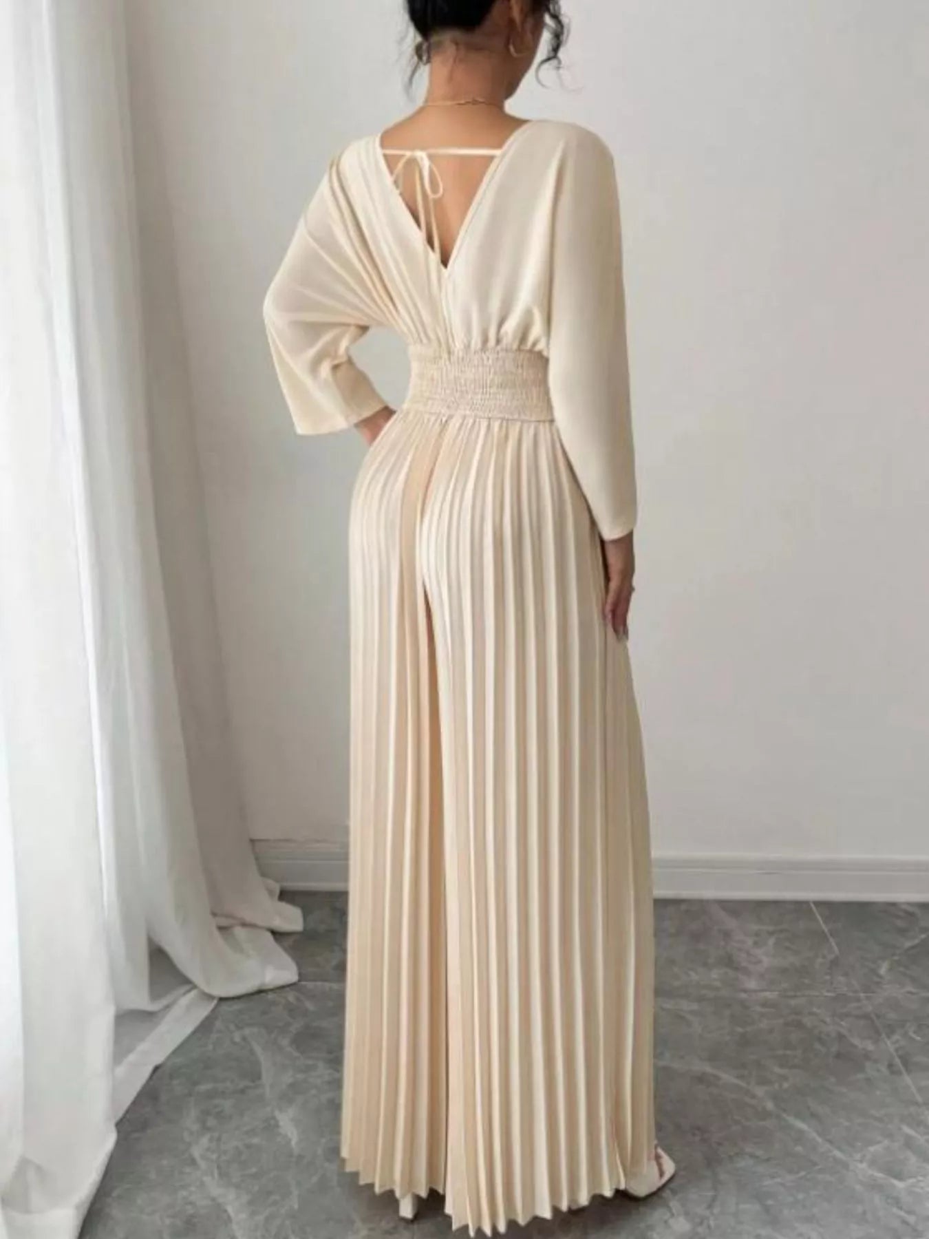 Surplice Pleated Wide Leg Jumpsuit - cas7m