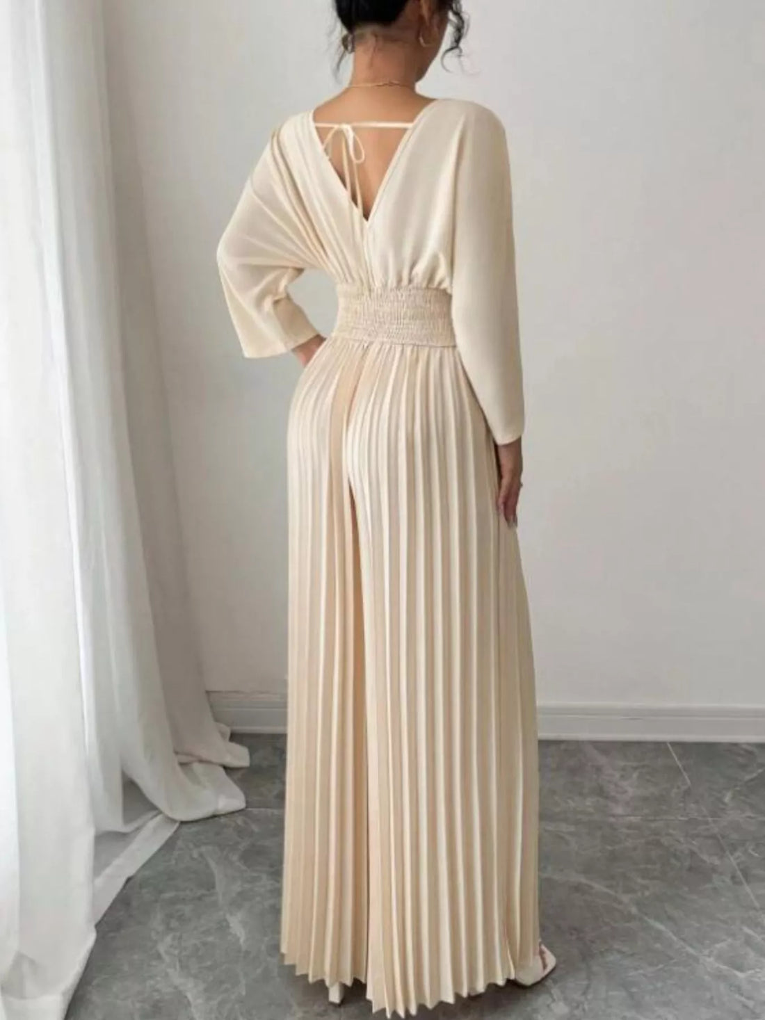 Surplice Pleated Wide Leg Jumpsuit - cas7m