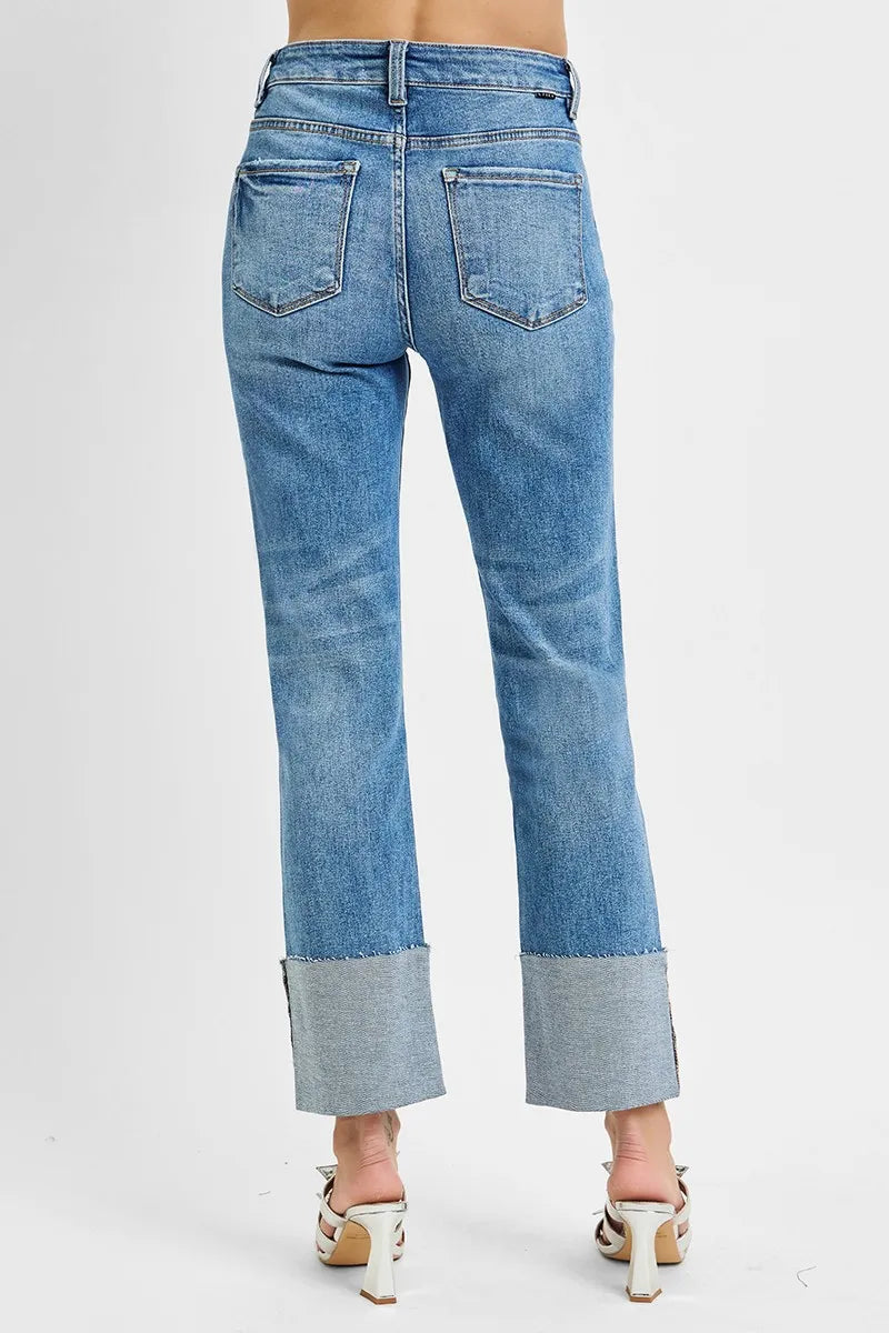 RISEN Full Size High Rise Ankle Straight Wide Cuffed Jeans Plus Size - cas7m