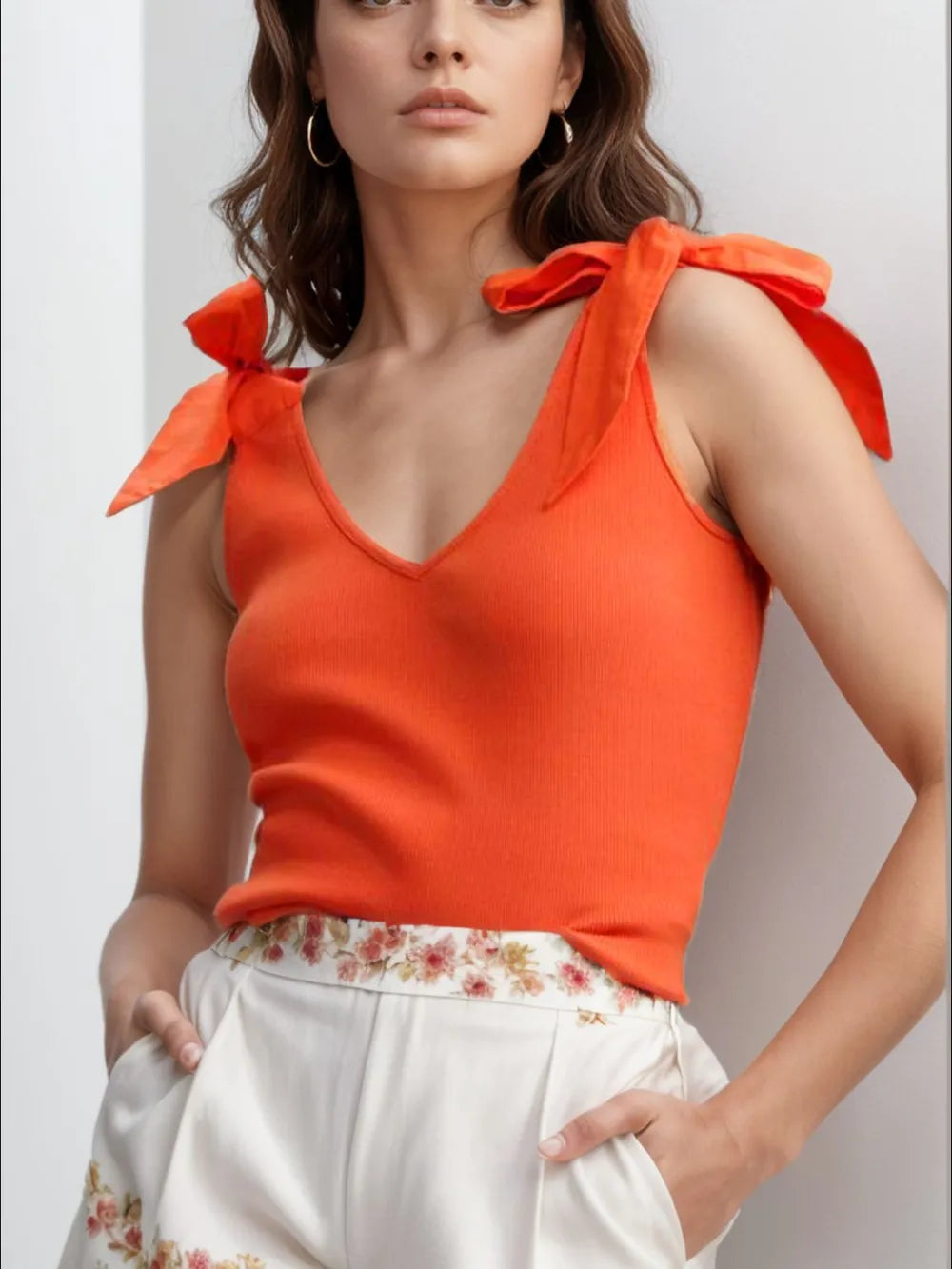 V-Neck Tie Shoulder Tank - cas7m