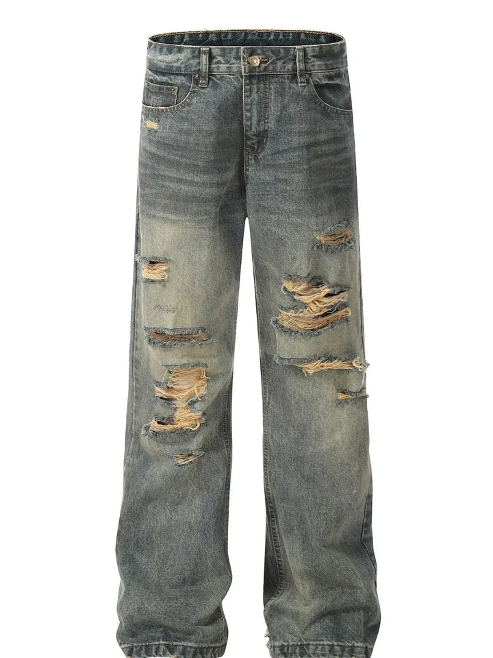 Men's Distressed Washed Straight Jeans - cas7m