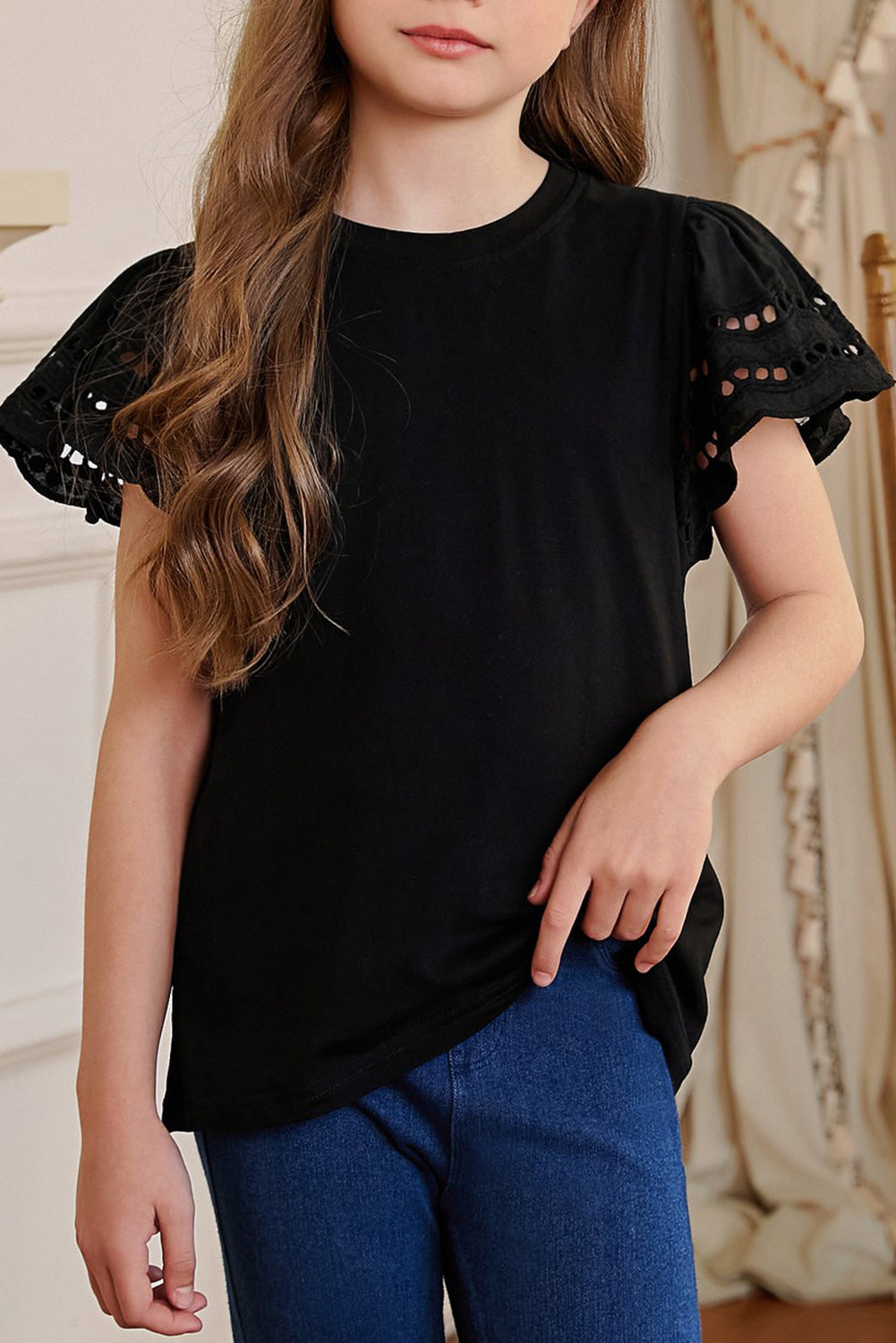 Round Neck Flutter Sleeve T-Shirt - cas7m