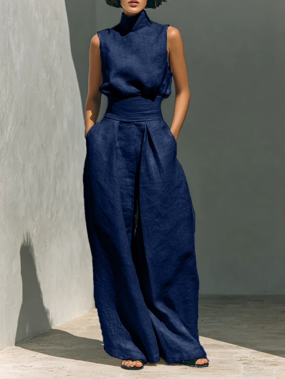 Casual Sleeveless Suit Summer Stand-up Collar Pullover Top And Loose Straight-leg Trousers Women's Clothing - cas7m