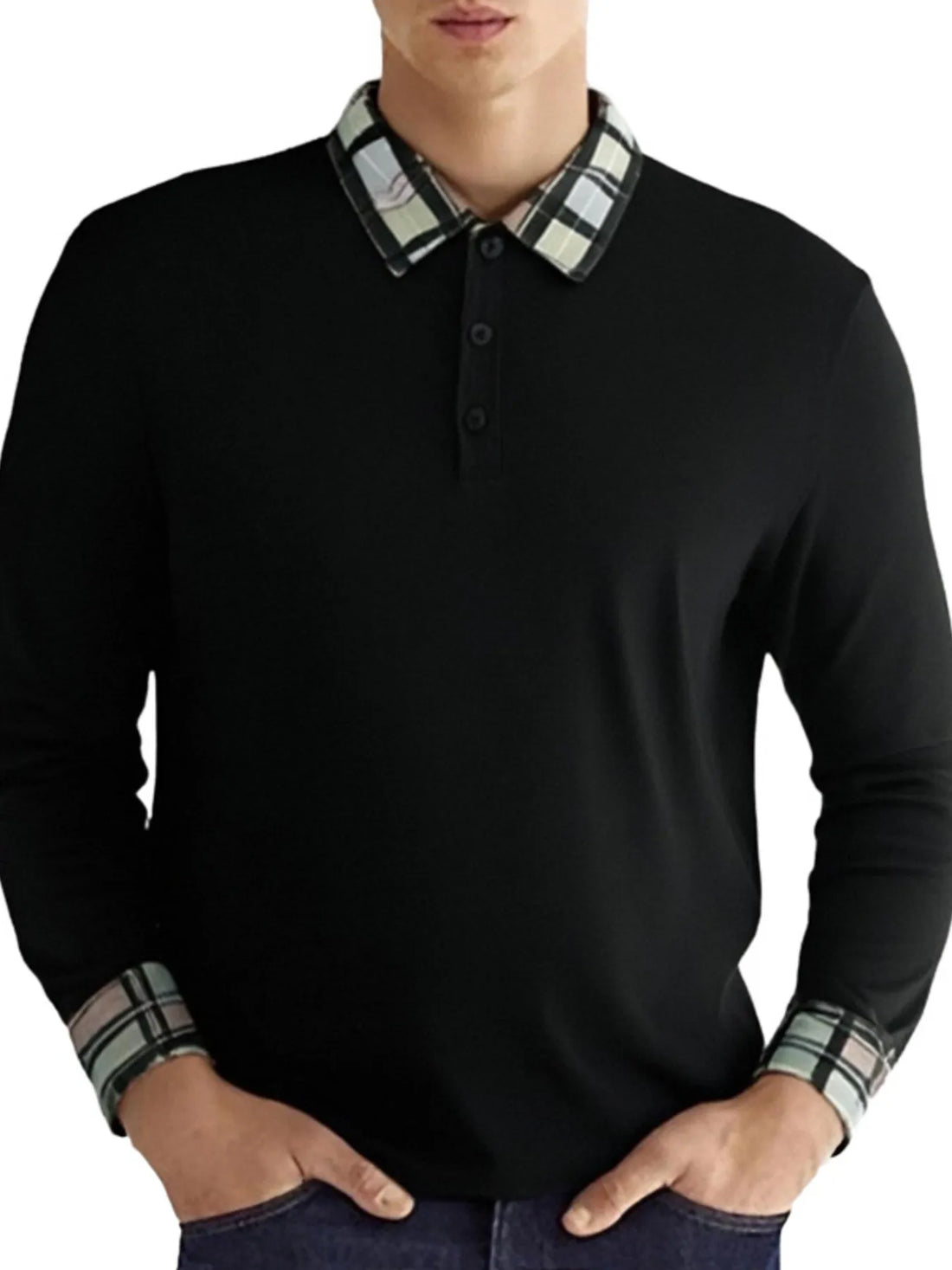 Men's Long Sleeve Plaid Collar Polo Shirt - cas7m