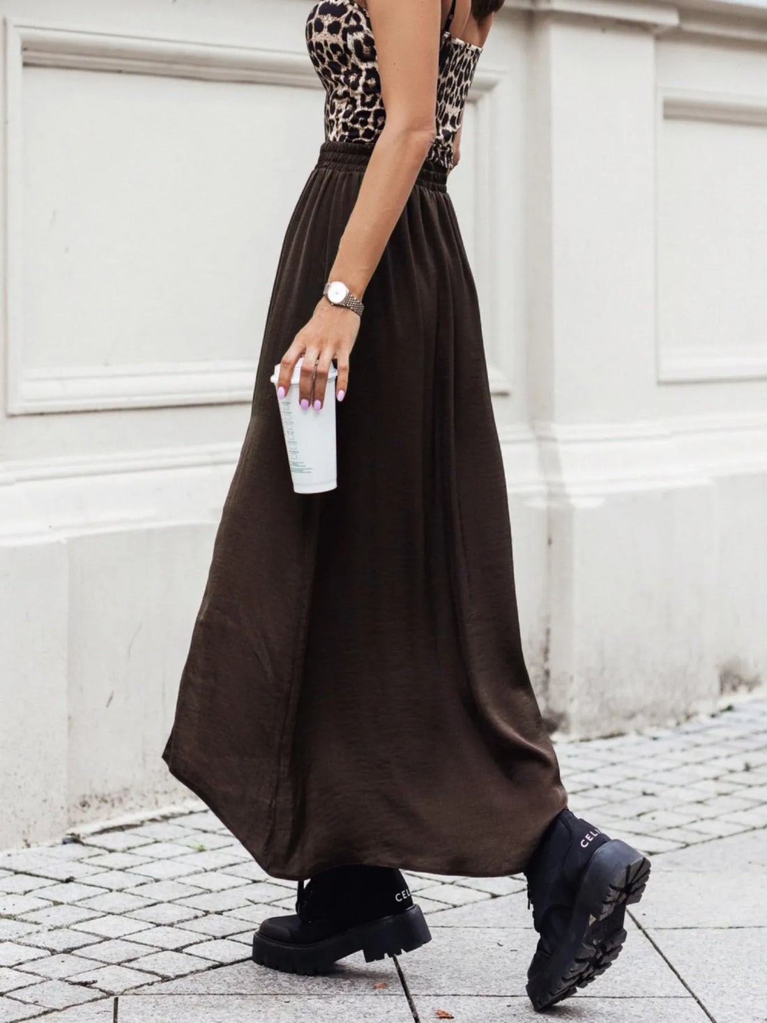 Elastic Waistband High-Slit Maxi Skirt - cas7m
