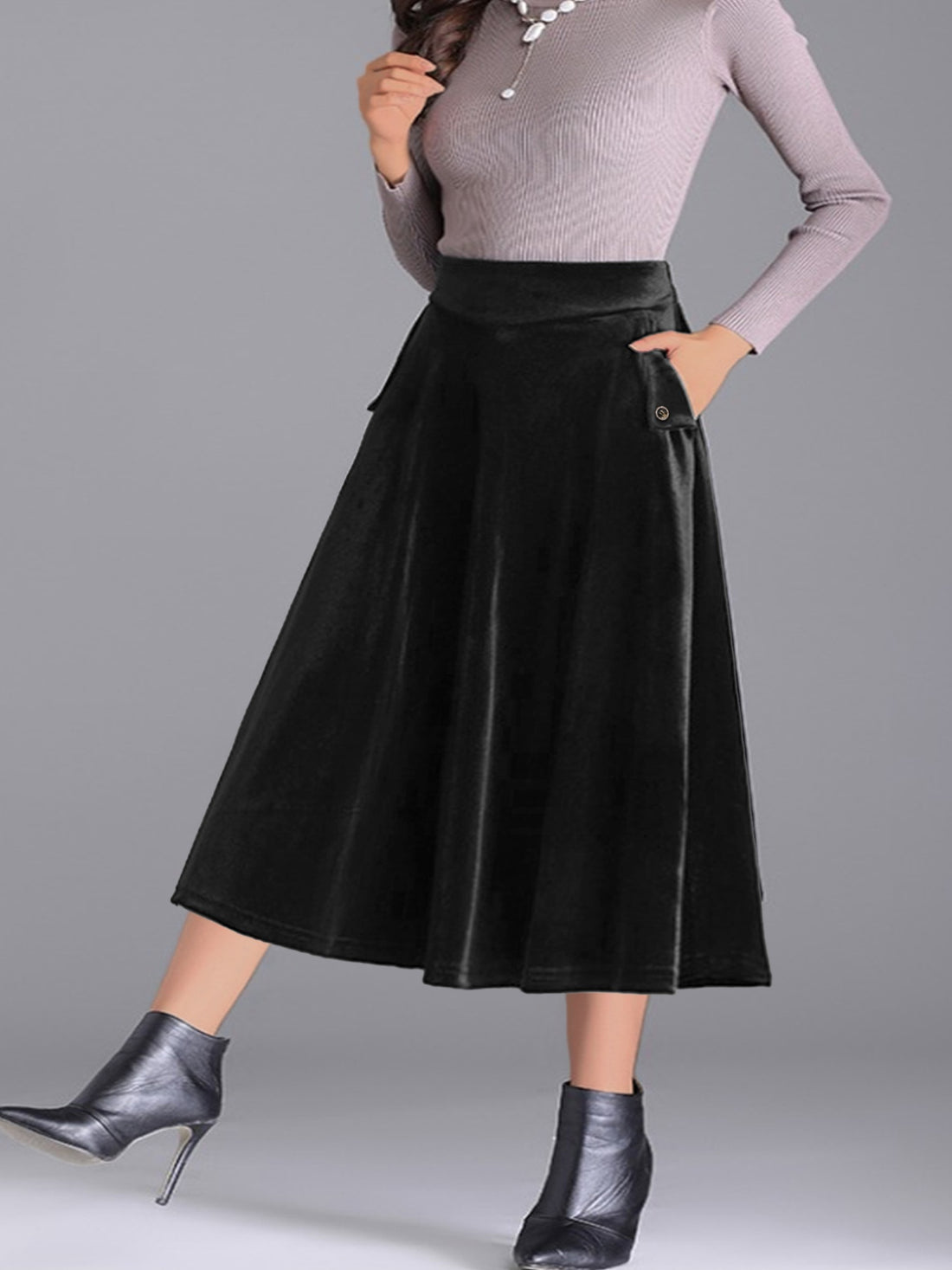 Plus Size Elegant Velvet A-Line Midi Skirt - cas7m
