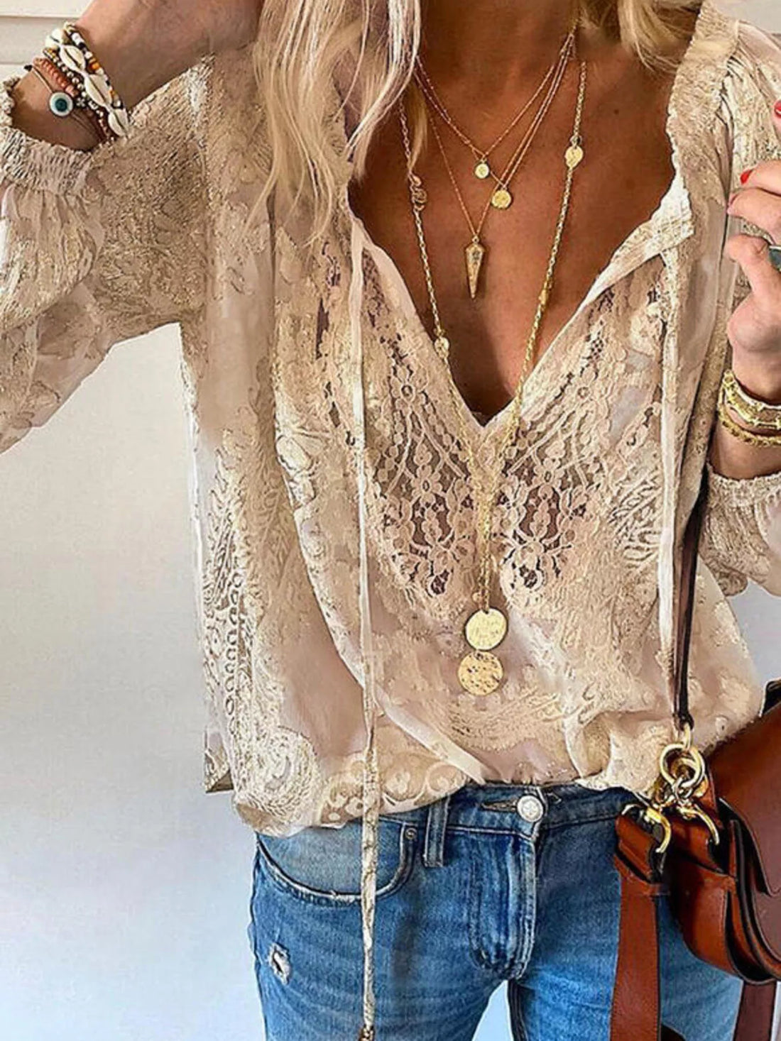 Lace Tie-Neck Blouse - cas7m