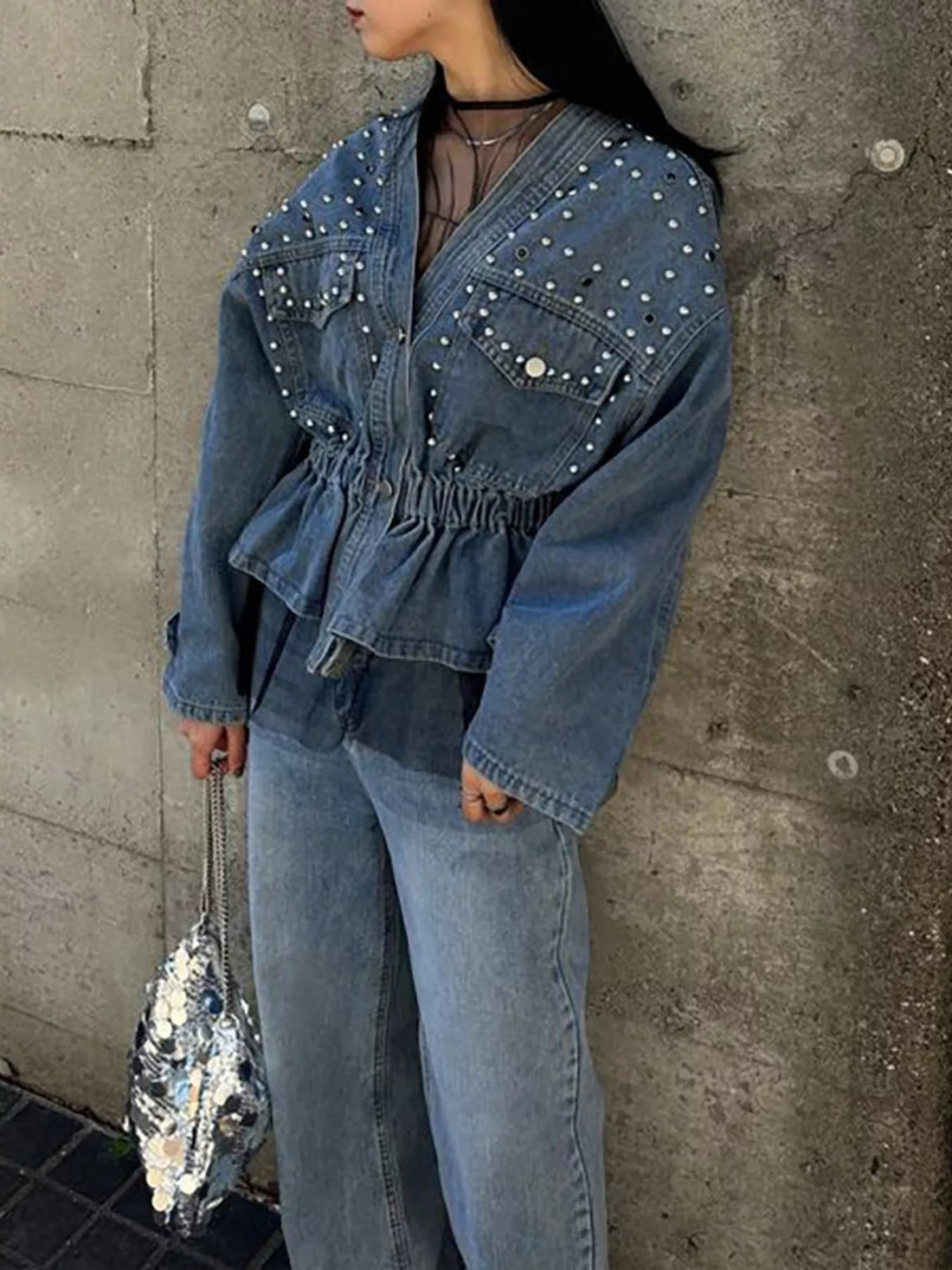 Studded Button Up Denim Jacket - cas7m