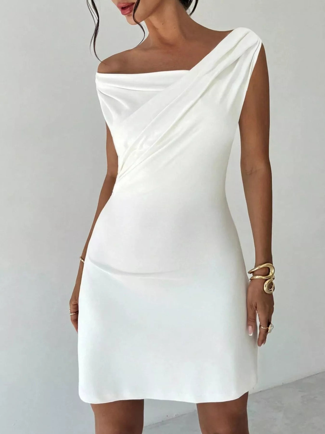 Elegant Off-Shoulder Draped Mini Dress - cas7m