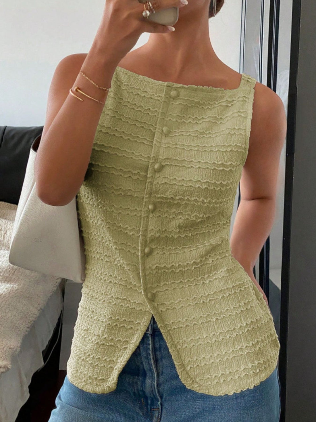 Textured Button-Front Tank - cas7m