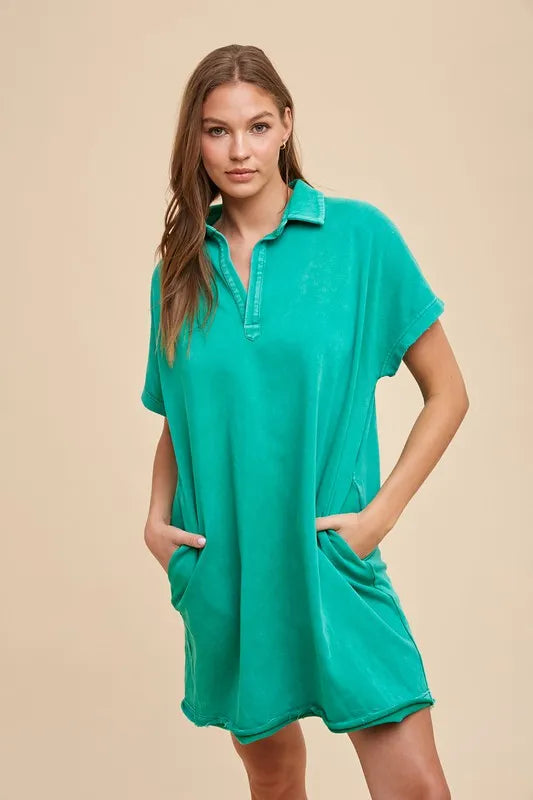 Annie Wear Mineral Washed Johnny Collar Short Sleeve Dress - cas7m