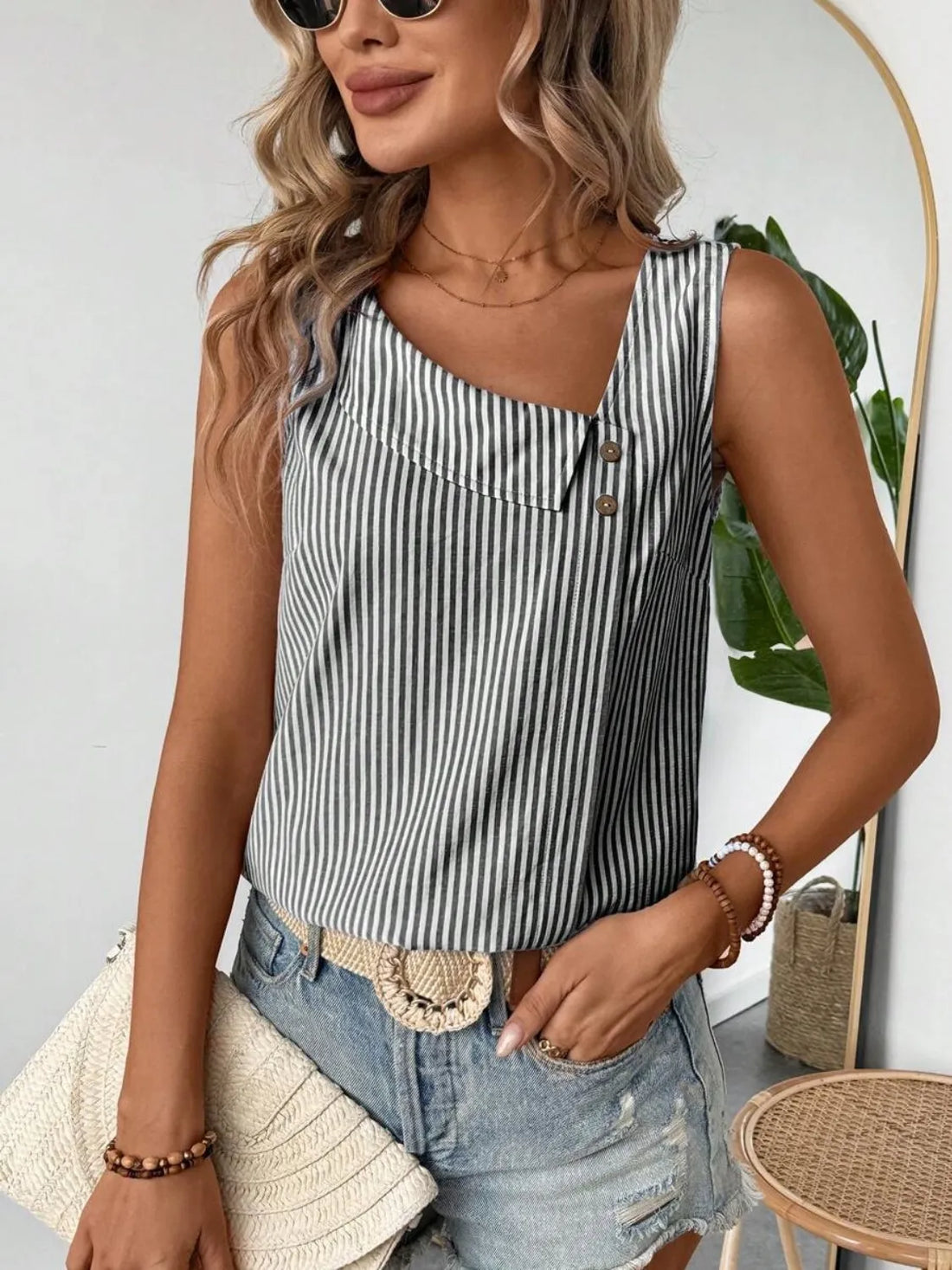 Decorative Button Asymmetrical Striped Tank - cas7m