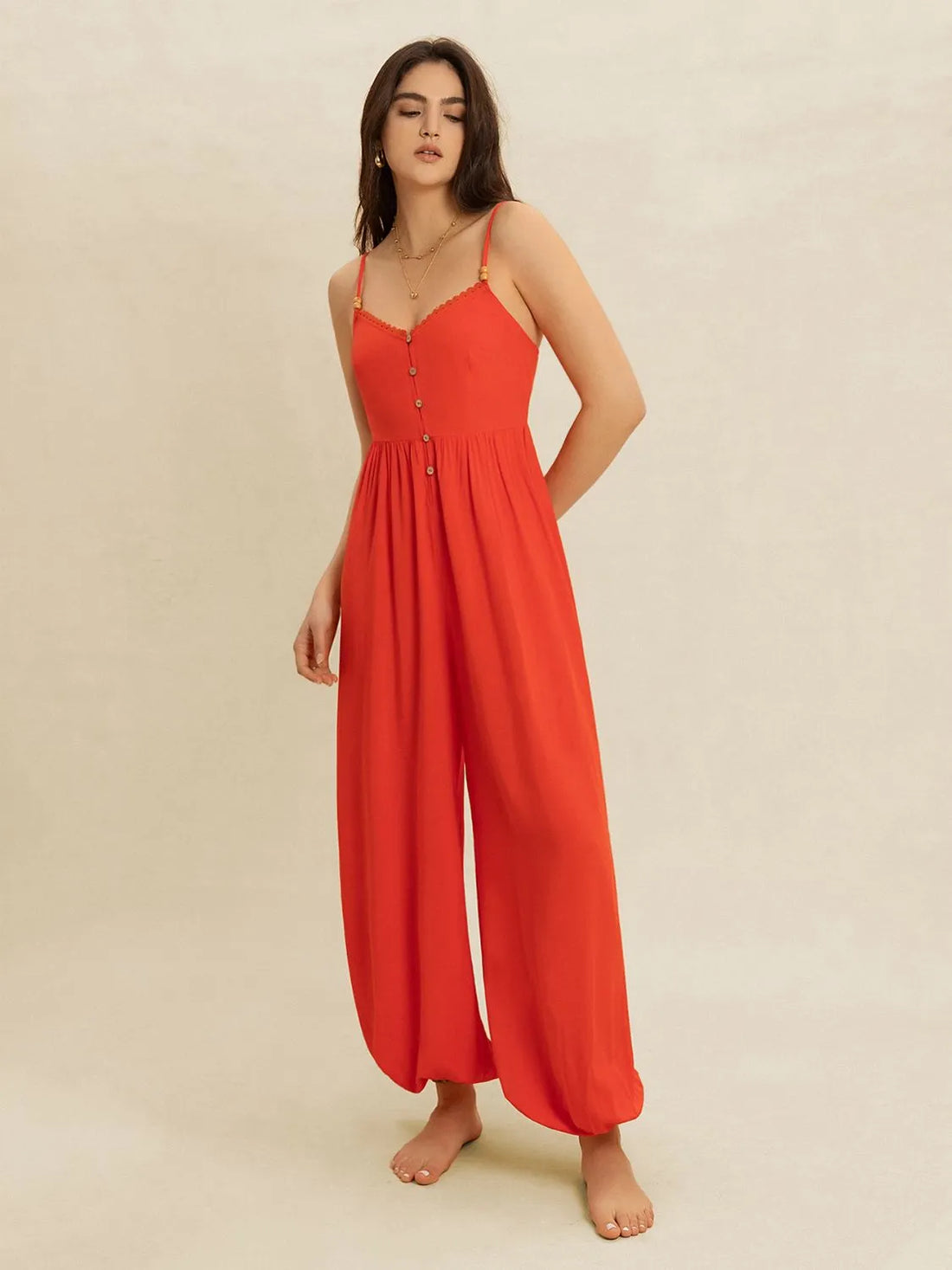 V-Neck Spaghetti Strap Jumpsuit - cas7m
