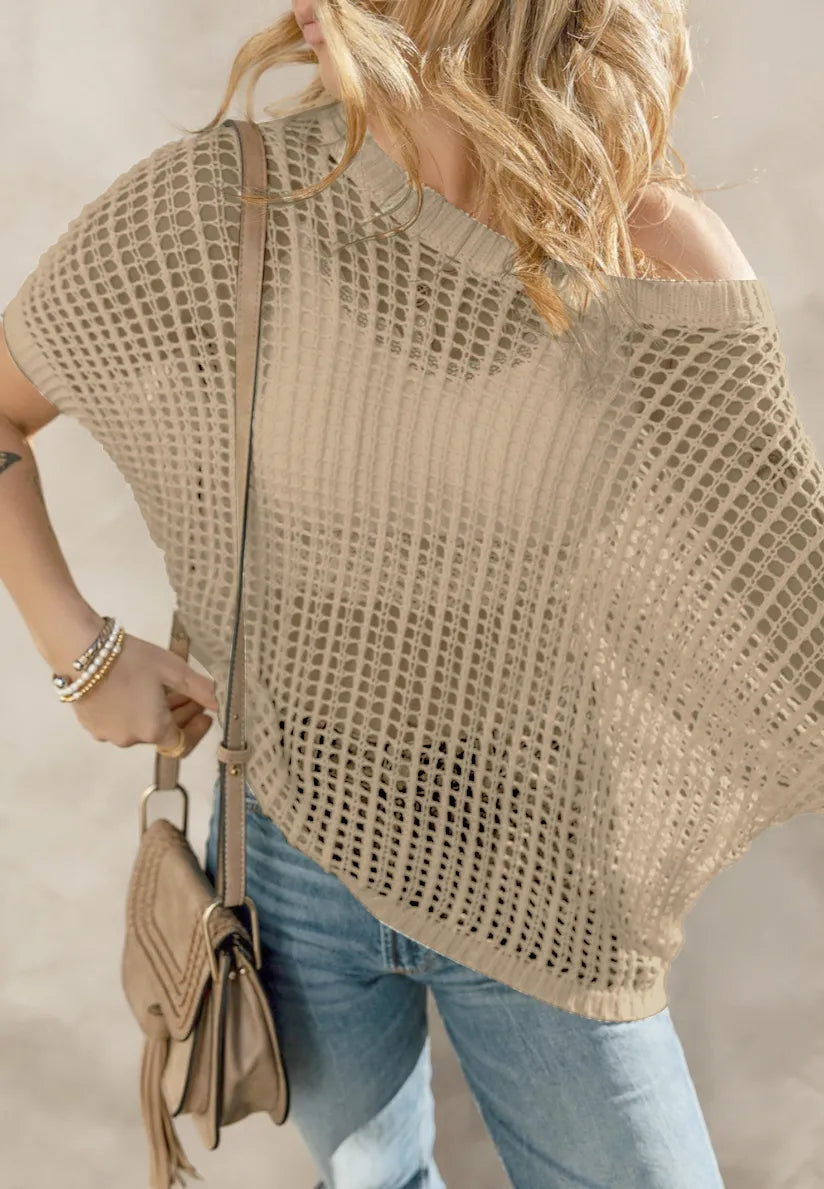 Openwork Round Neck Half Sleeve Knit Cover Up - cas7m