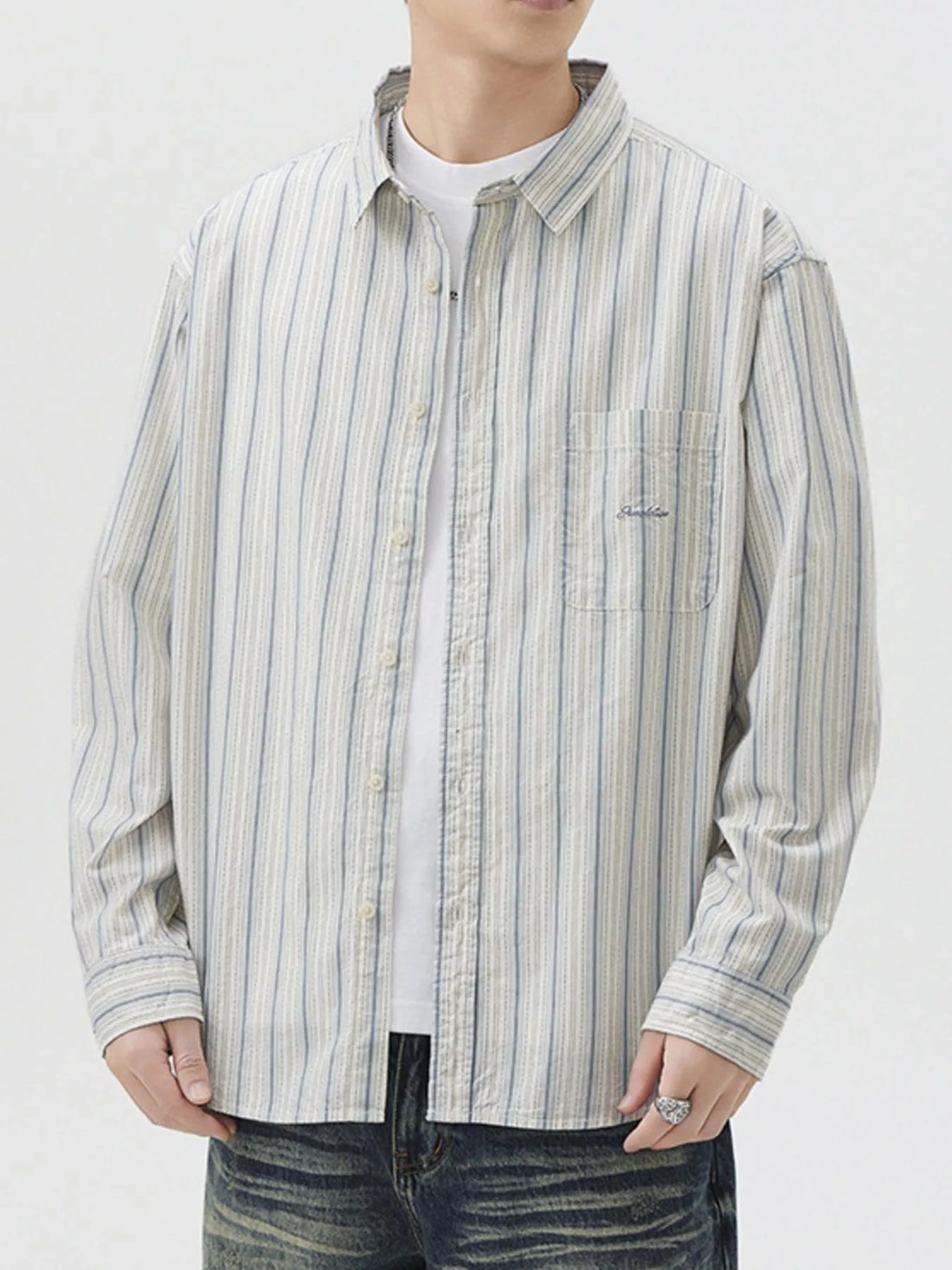 Men's Striped Button Up Long Sleeve Shirt - cas7m