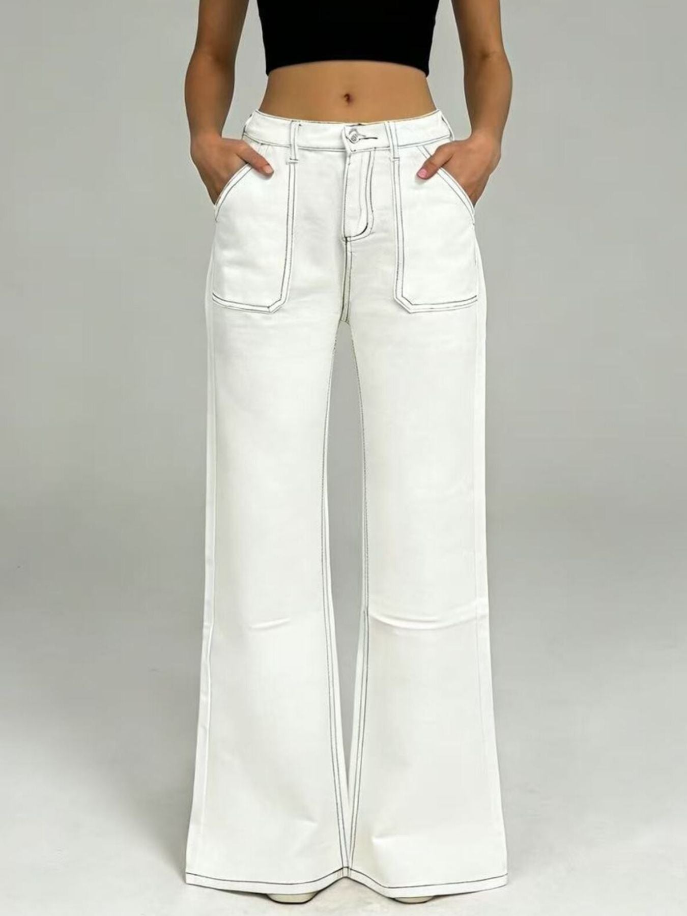 Wide Leg Contrast Stitching Jeans - cas7m