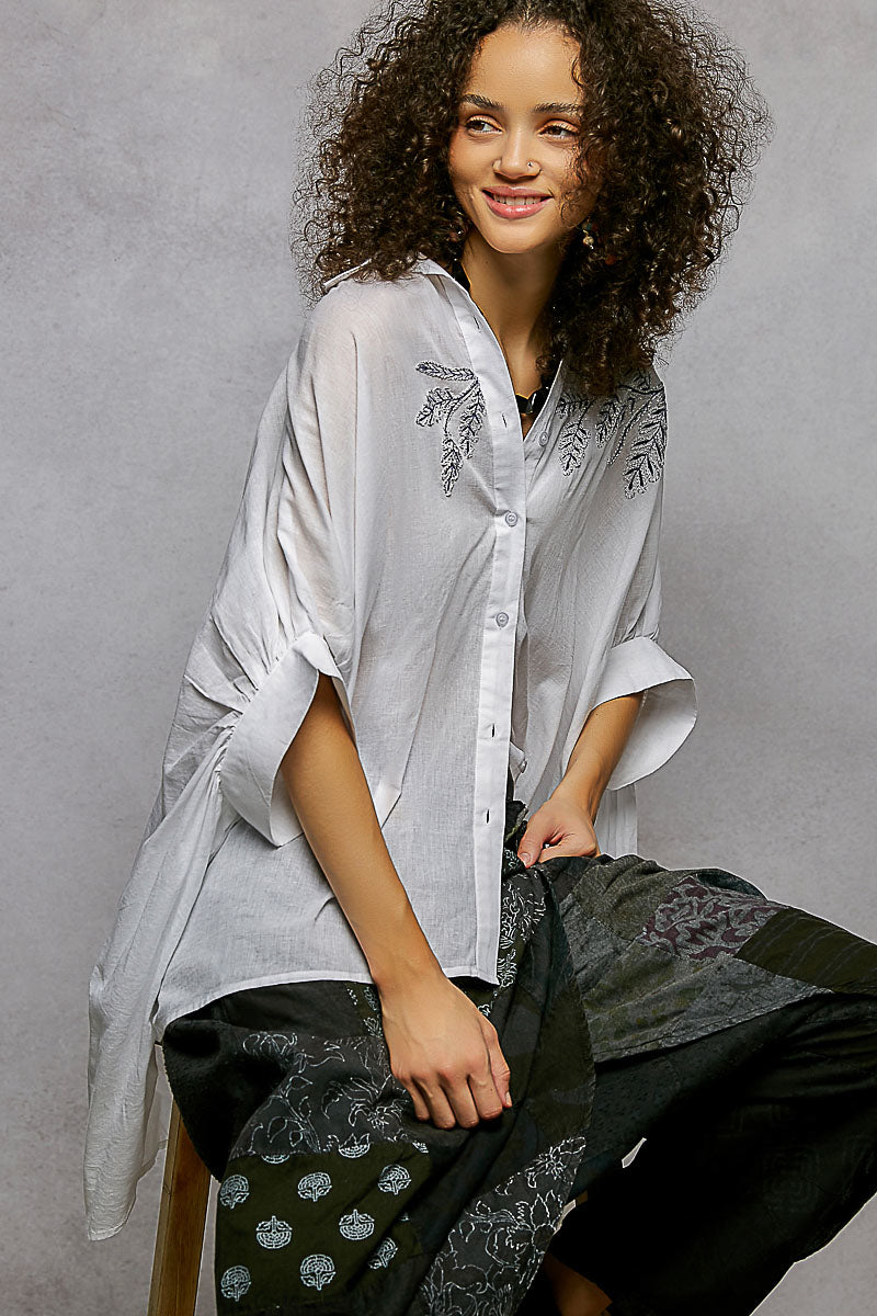 POL Button Down Embroidered Floral High-Low Hem Shirt - cas7m