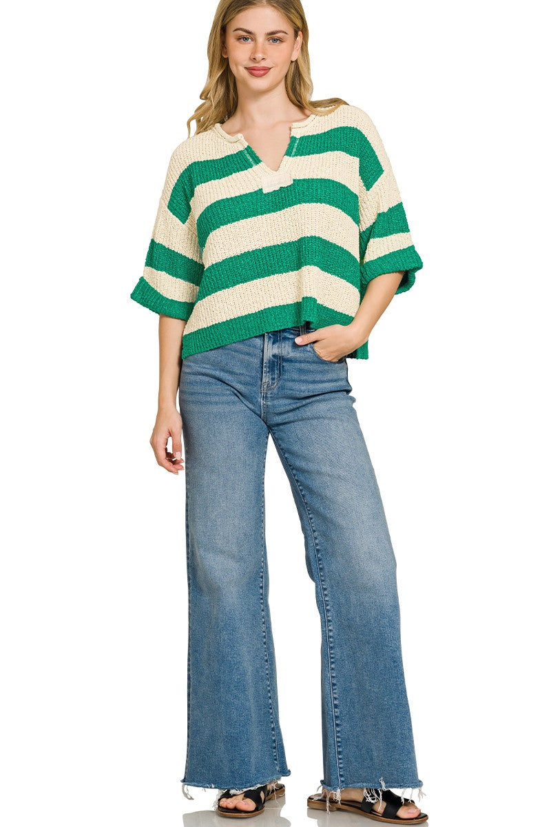 Zenana Split Neck Stripe Sweater - cas7m