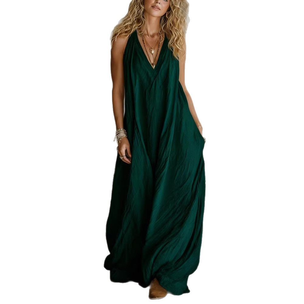 Casual Sleeveless V-Neck Loose Fit Long Dress with Pockets Summer Flowy Daily Wear - Dark Green / 2XL - cas7m