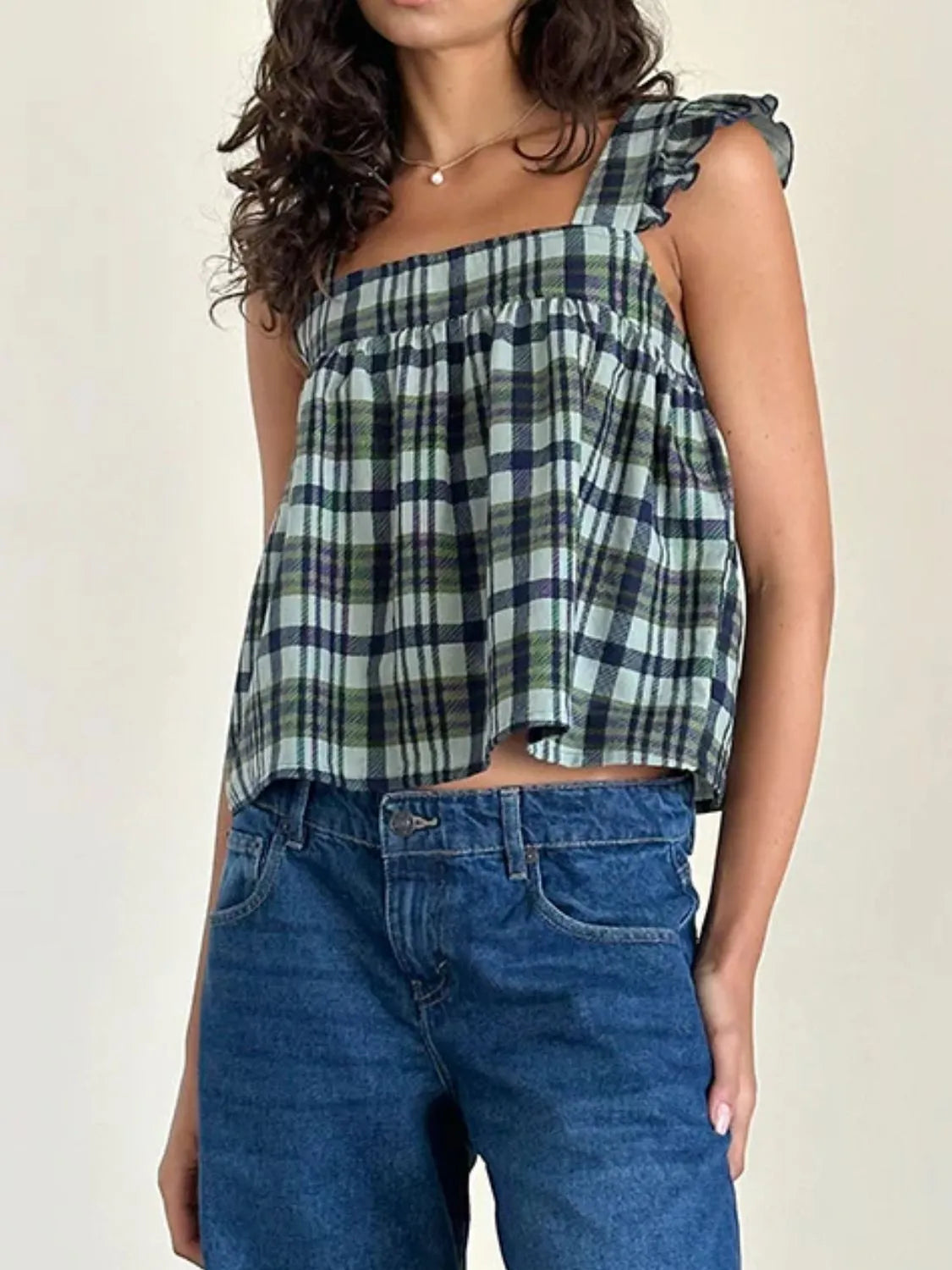 Ruffled Plaid Square Neck Tank - cas7m