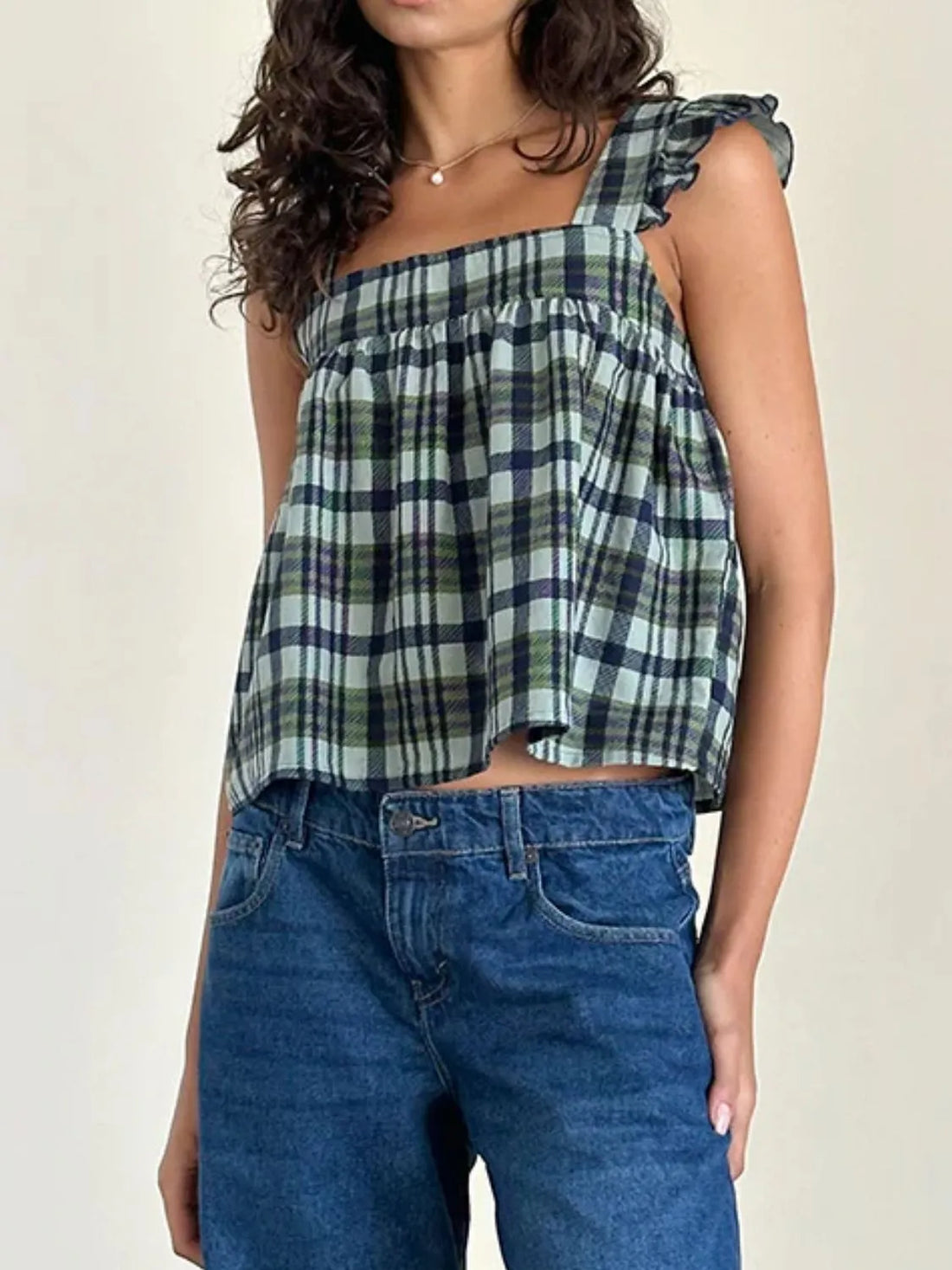 Ruffled Plaid Square Neck Tank - cas7m