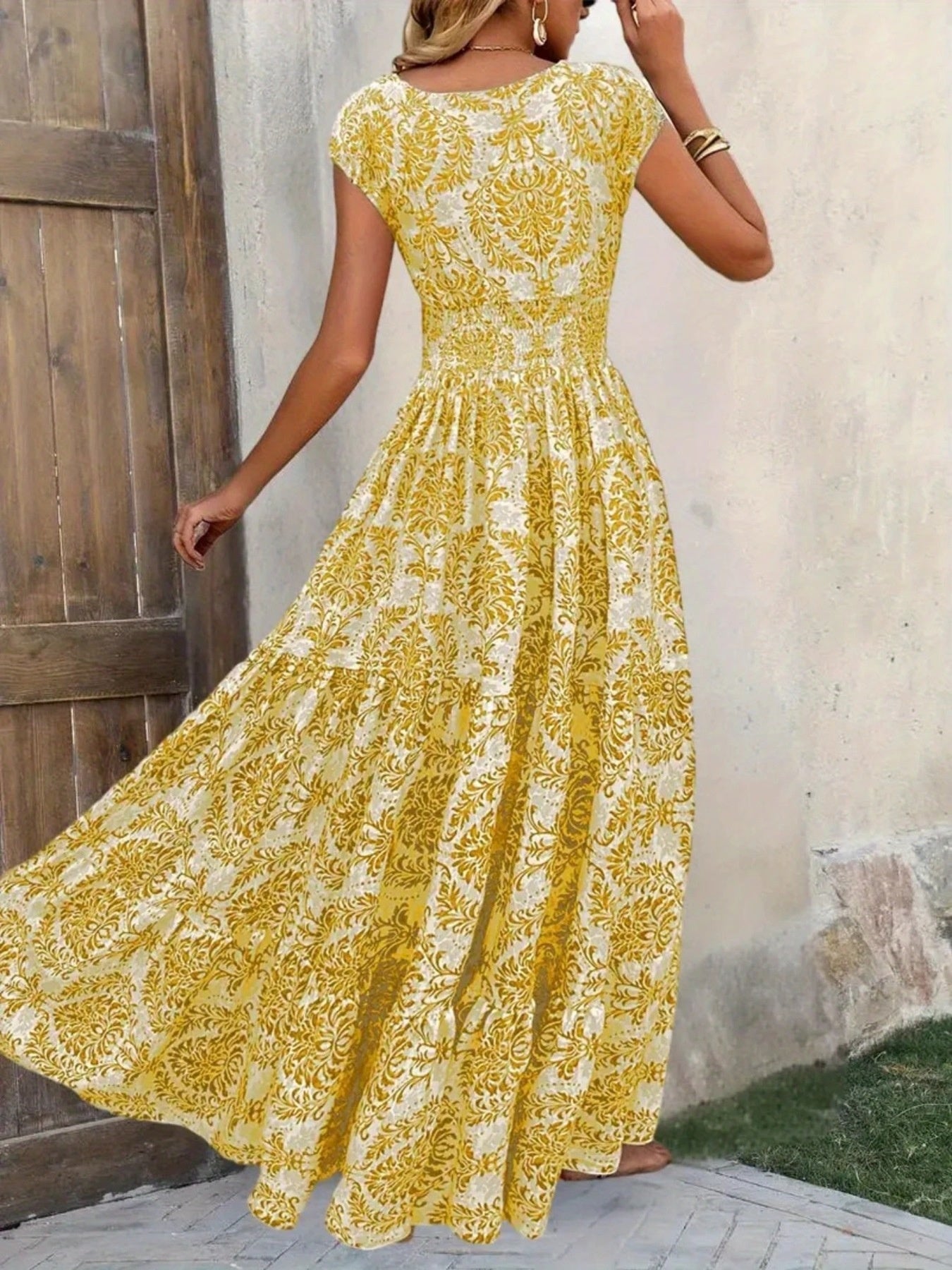 Smocked Tiered Maxi Dress - Chic Polyester Statement - cas7m