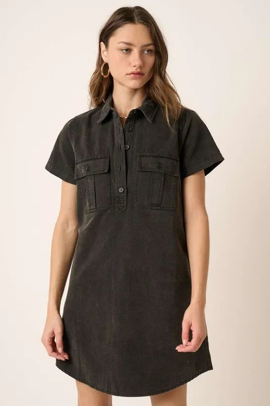 Mittoshop Button Detail Collared Neck Short Sleeve Shirt Dress - cas7m