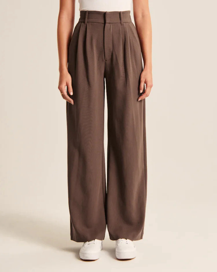 High Waist Straight Trousers With Pockets Wide Leg Casual Pants For Women - cas7m