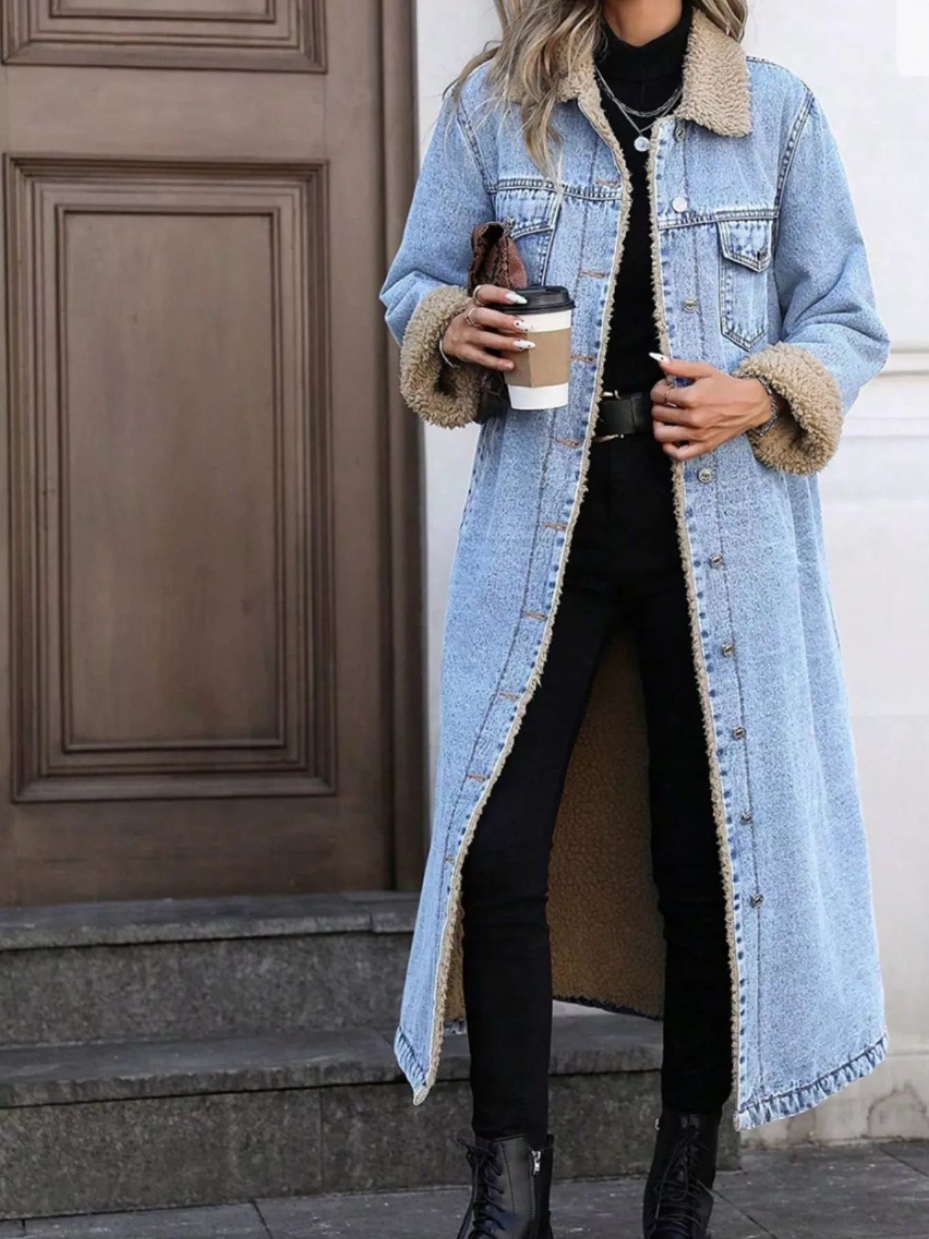 Sherpa Lined Longline Denim Jacket - cas7m