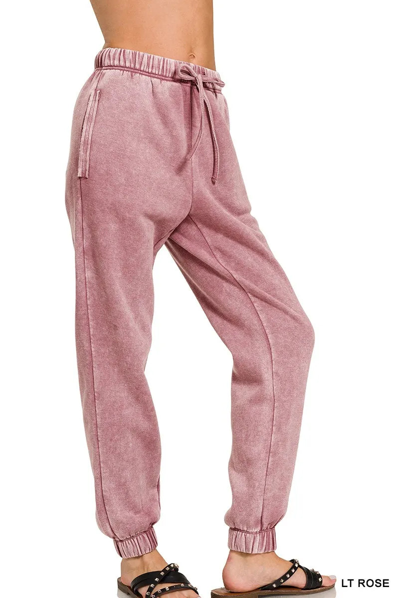 Zenana Acid Wash Fleece Sweatpants with Pockets - cas7m