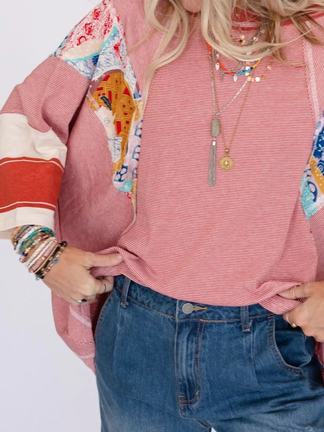 Striped Floral Long Sleeve T-Shirt - cas7m