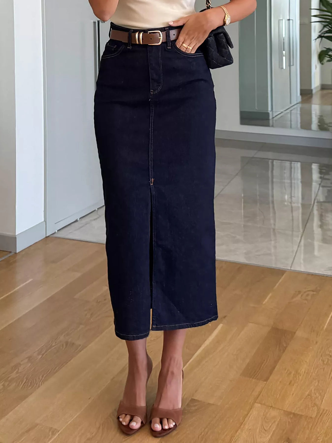 Slit Front Denim Skirt - cas7m