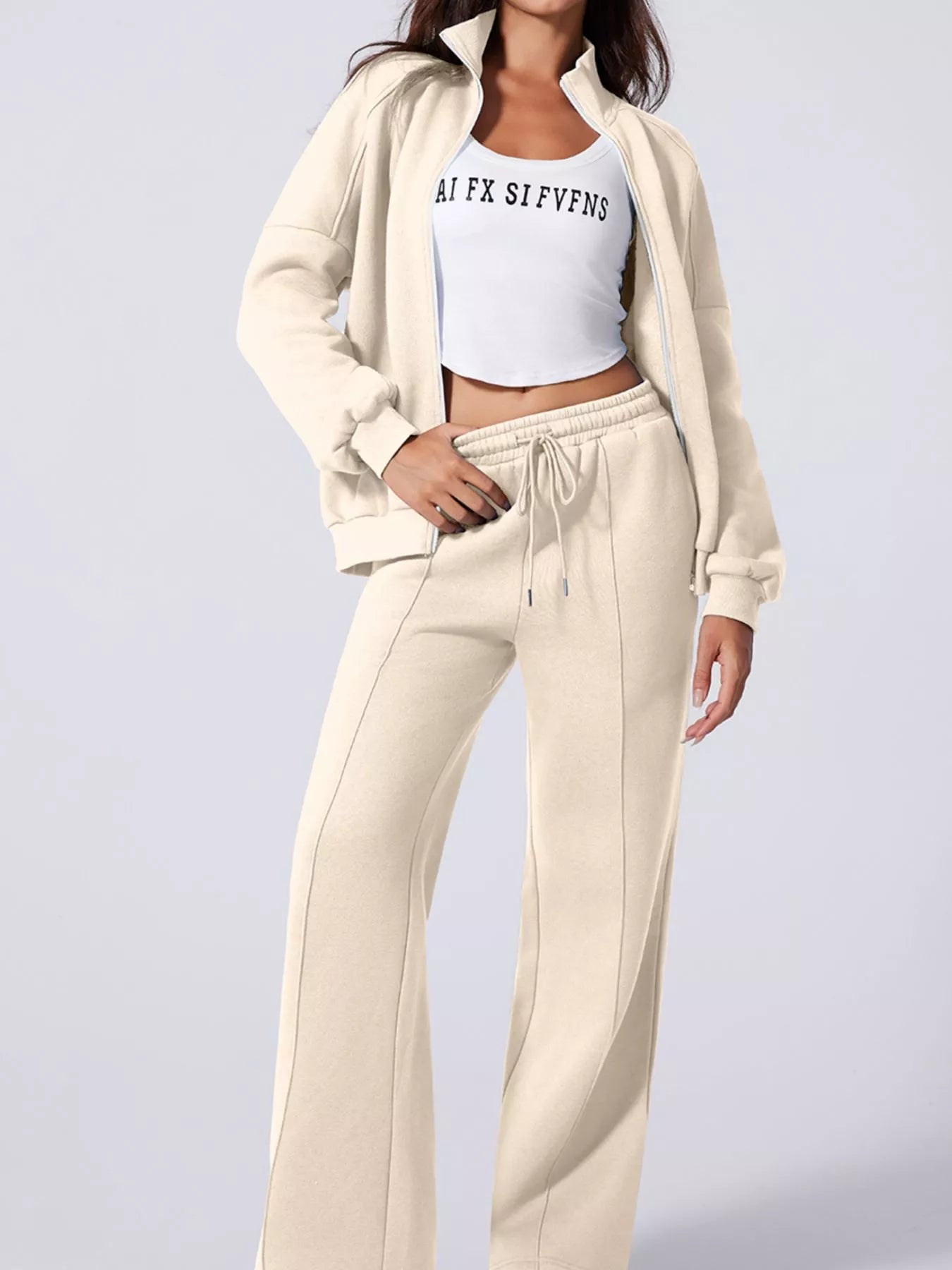Drop Shoulder Zip Up Jacket and Drawstring Pants Active 2pcs Set - cas7m
